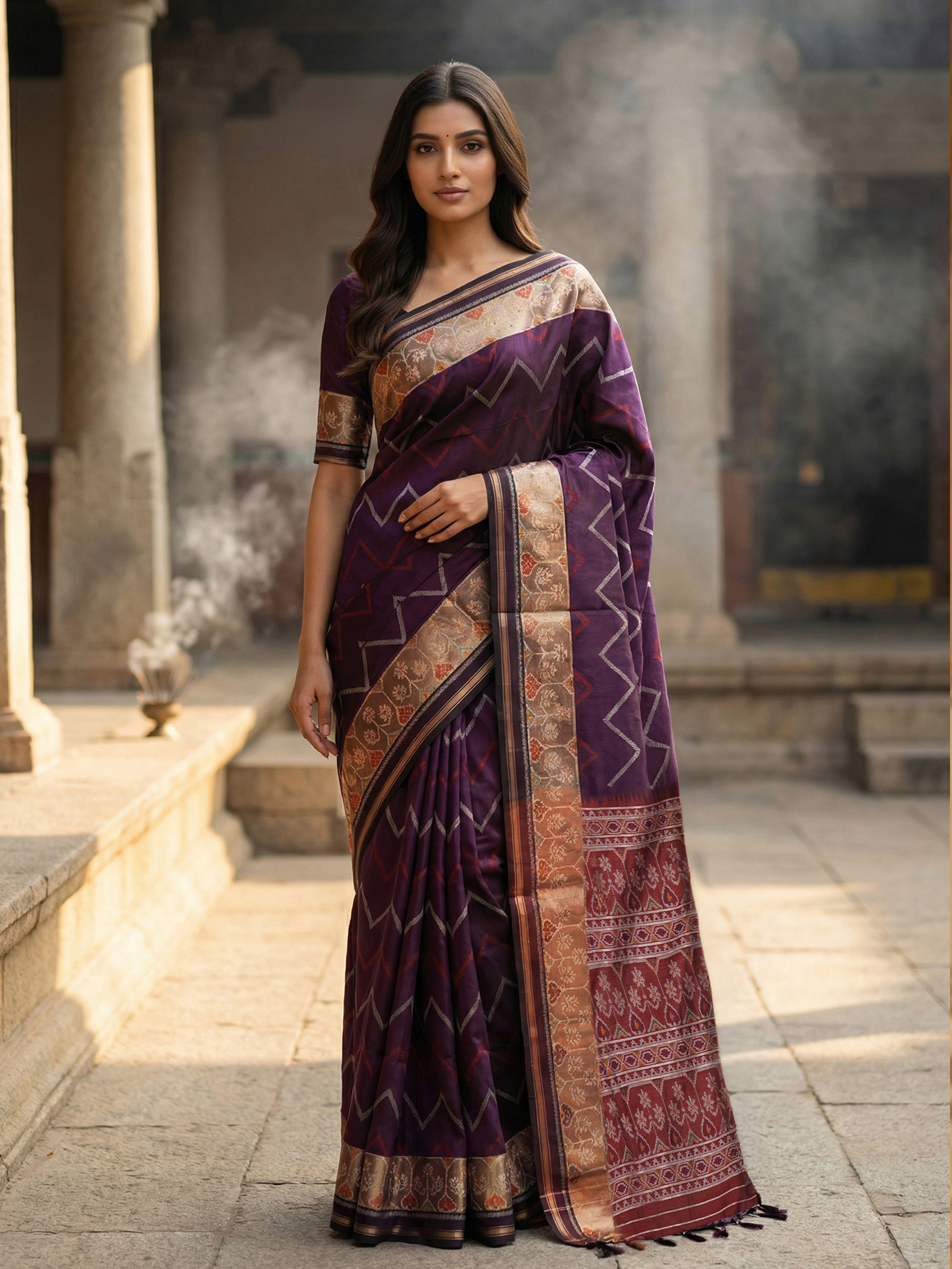 Wine Purple Semi Jute Silk Saree with Zigzag Patterns and Traditional Floral Border