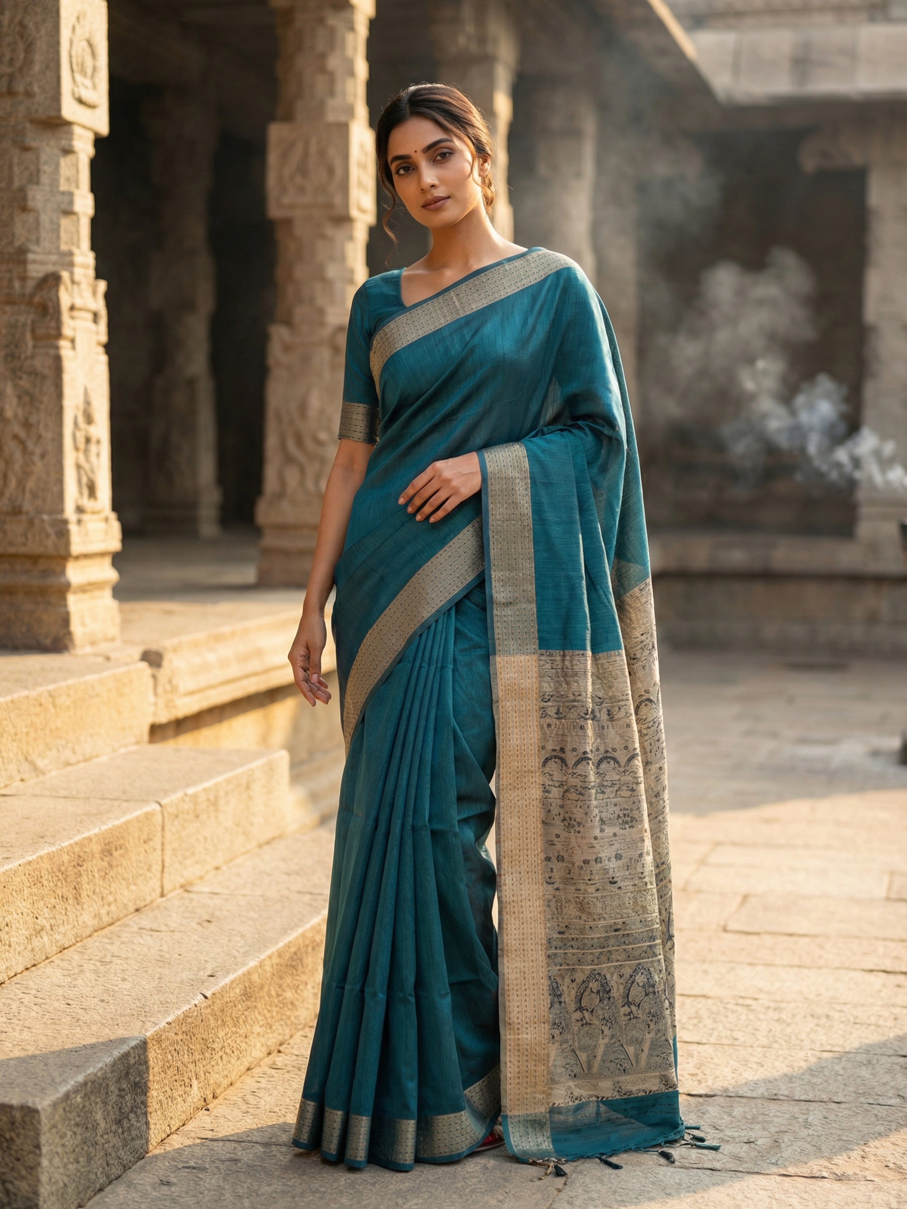 Peacock Blue Semi Silk Saree with Contrast Printed Pallu