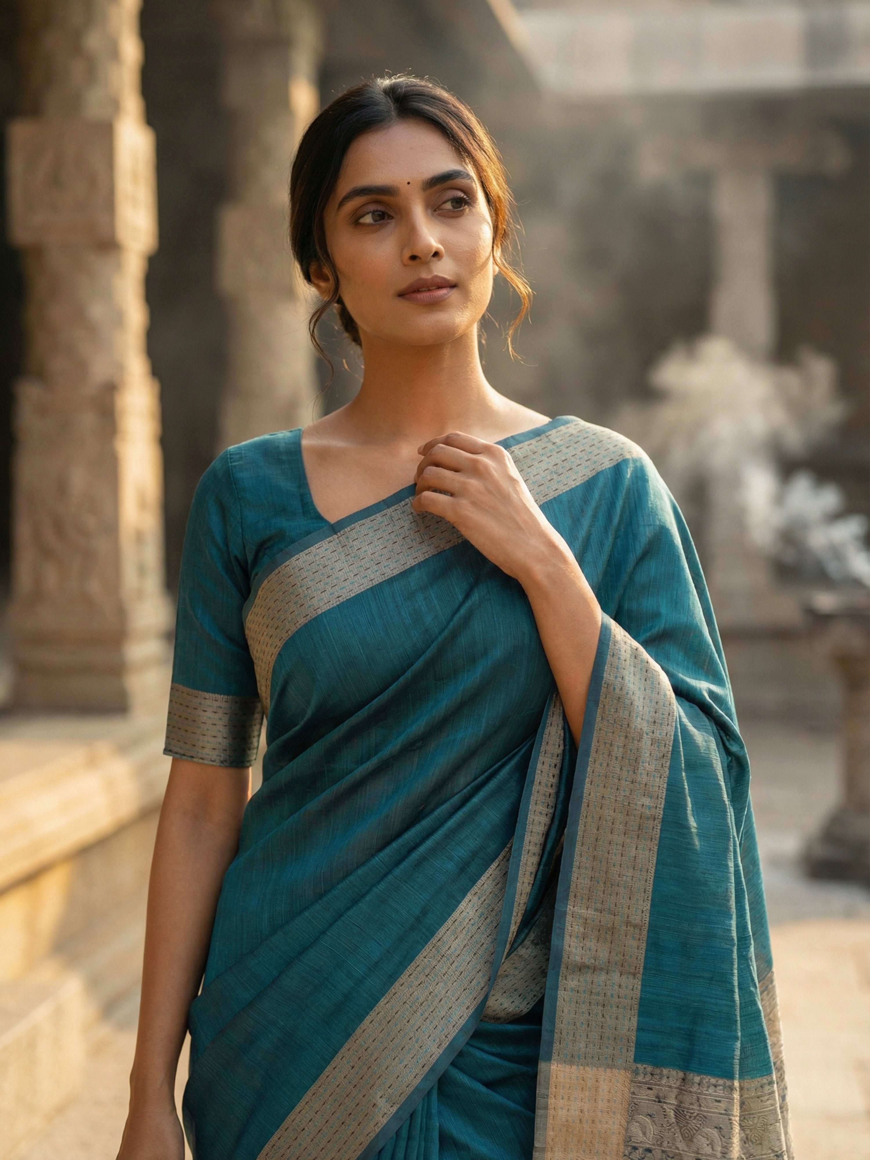 Peacock Blue Semi Silk Saree with Contrast Printed Pallu