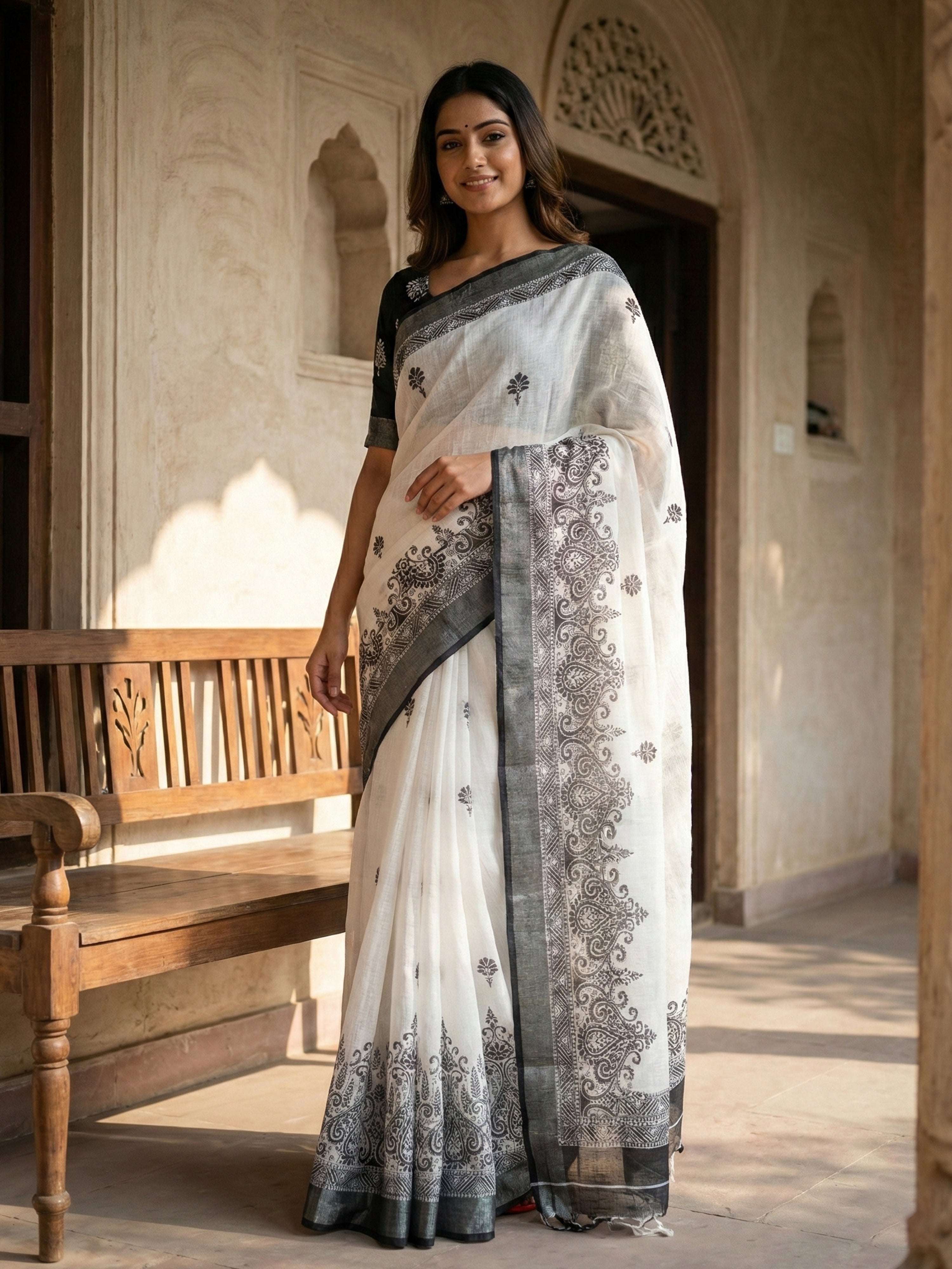 White & Grey Semi Linen Saree