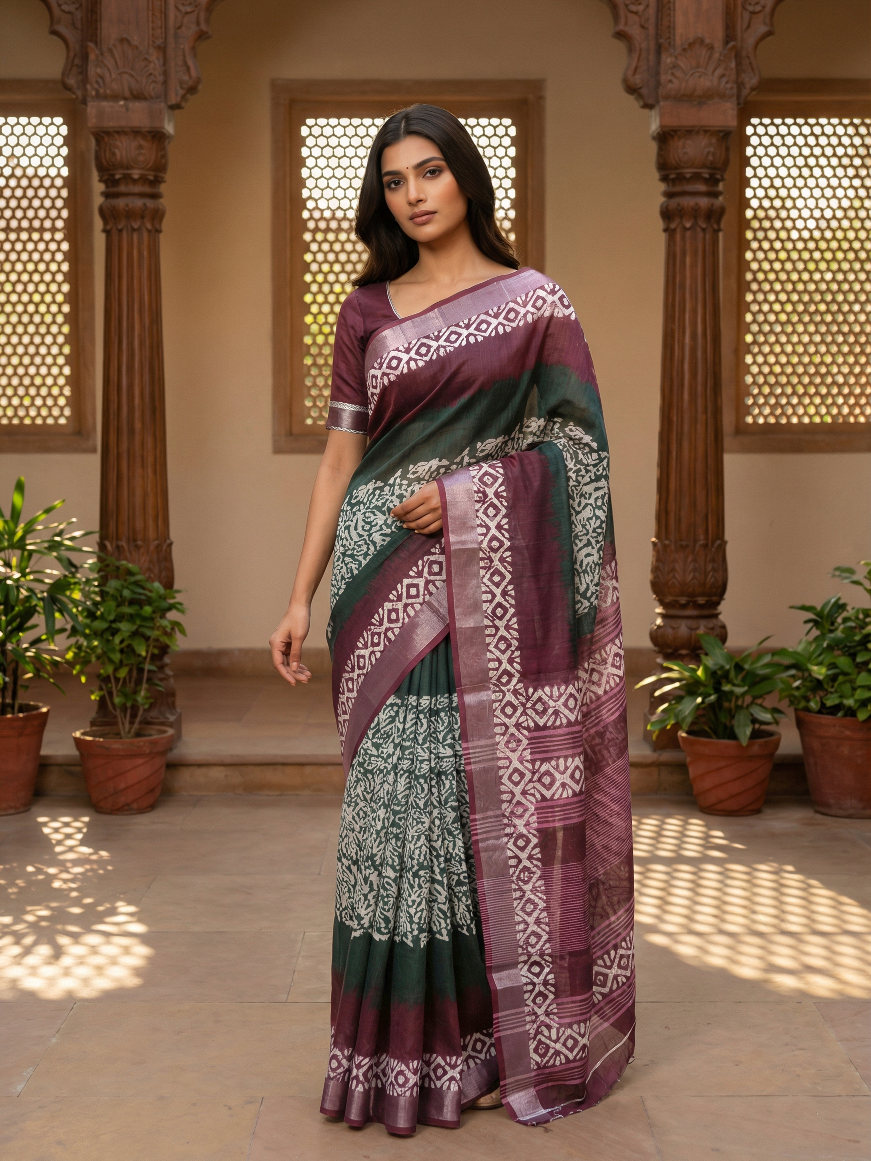 Bottle Green Semi Linen Saree