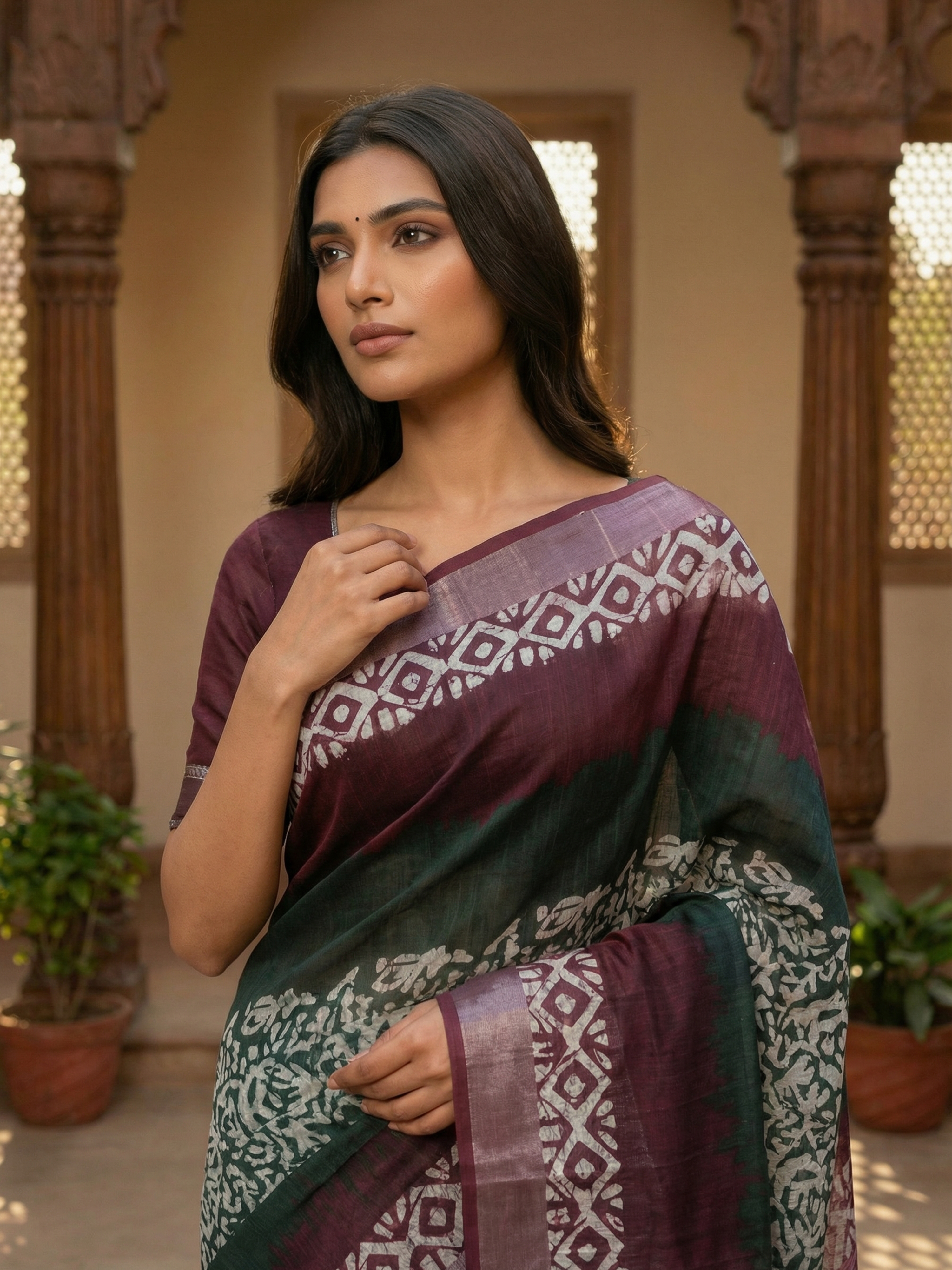 Bottle Green Semi Linen Saree