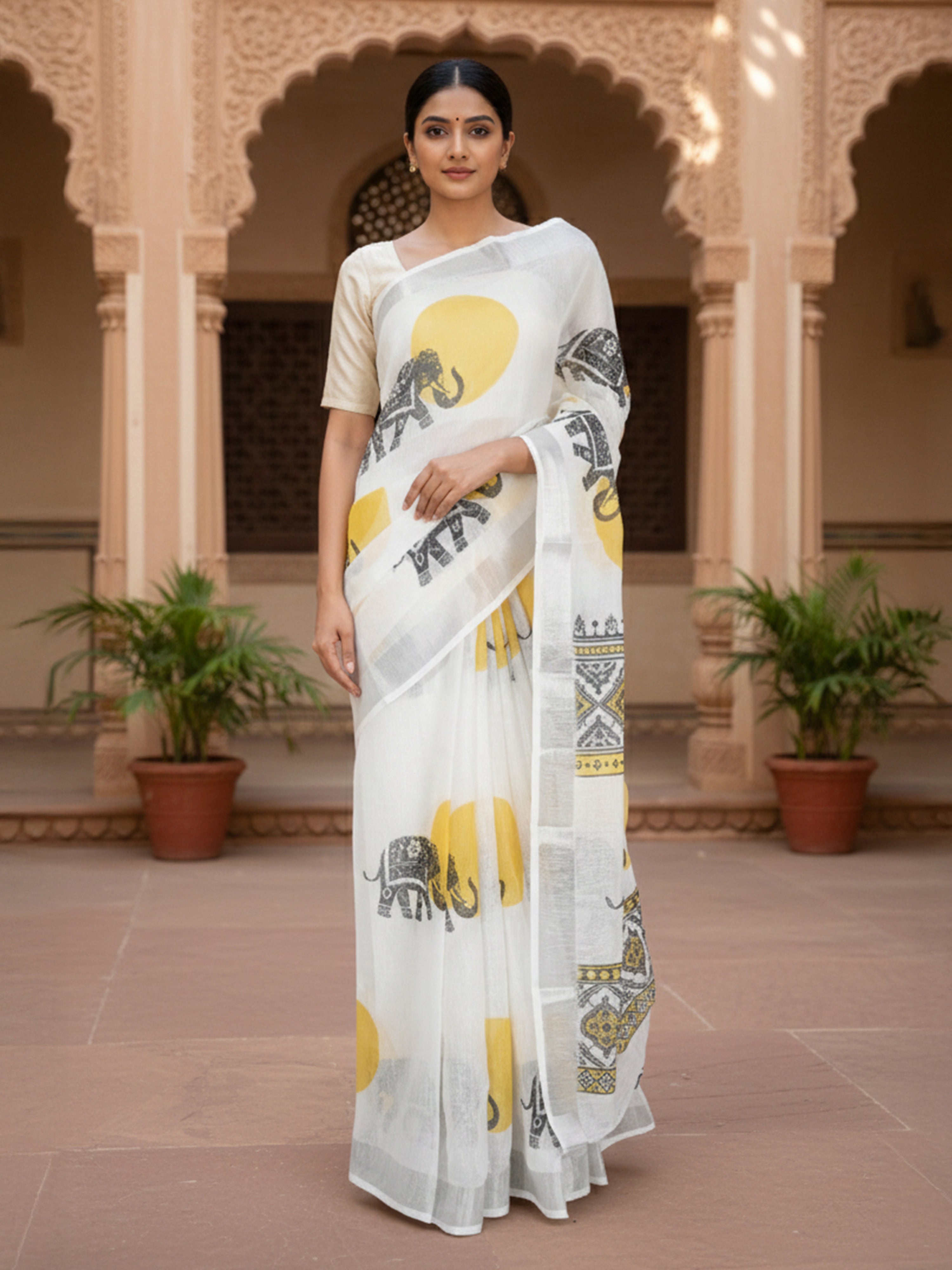 White Semi Linen Saree