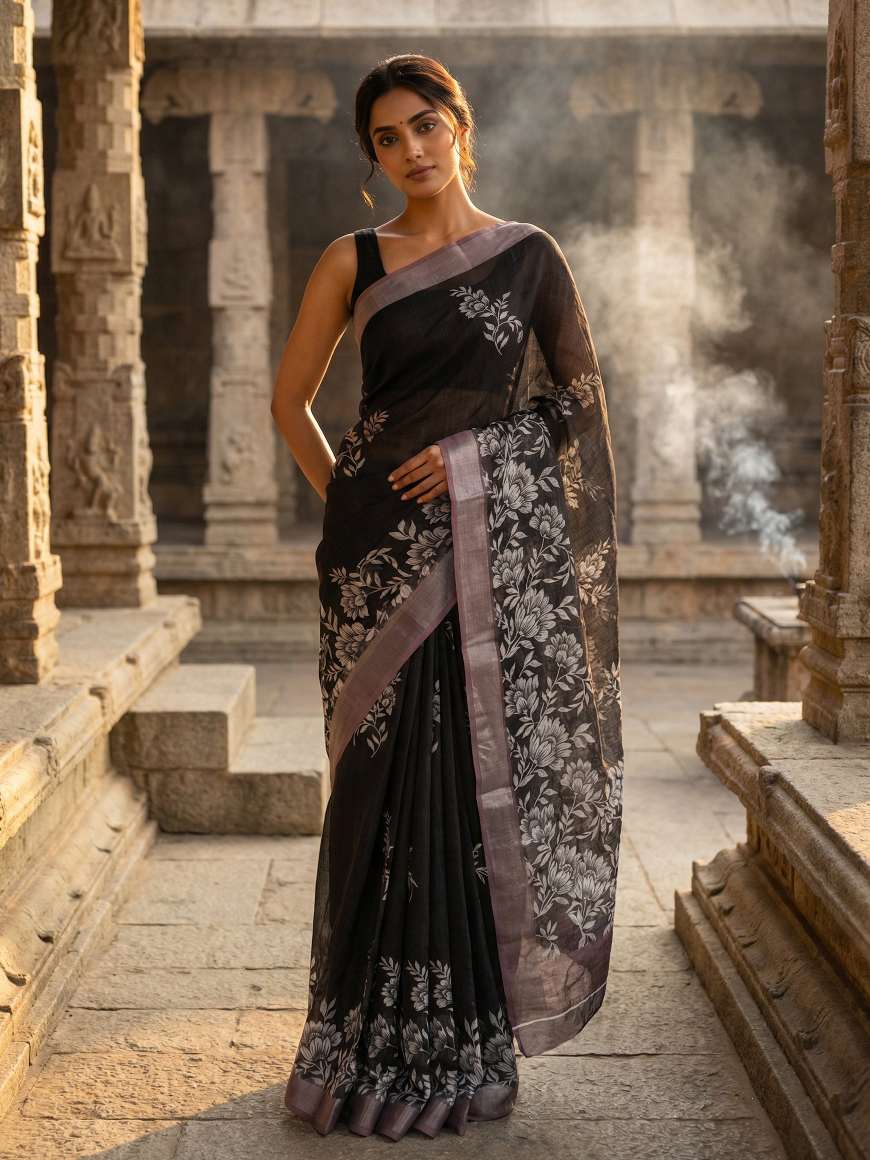 Black Semi Linen Saree