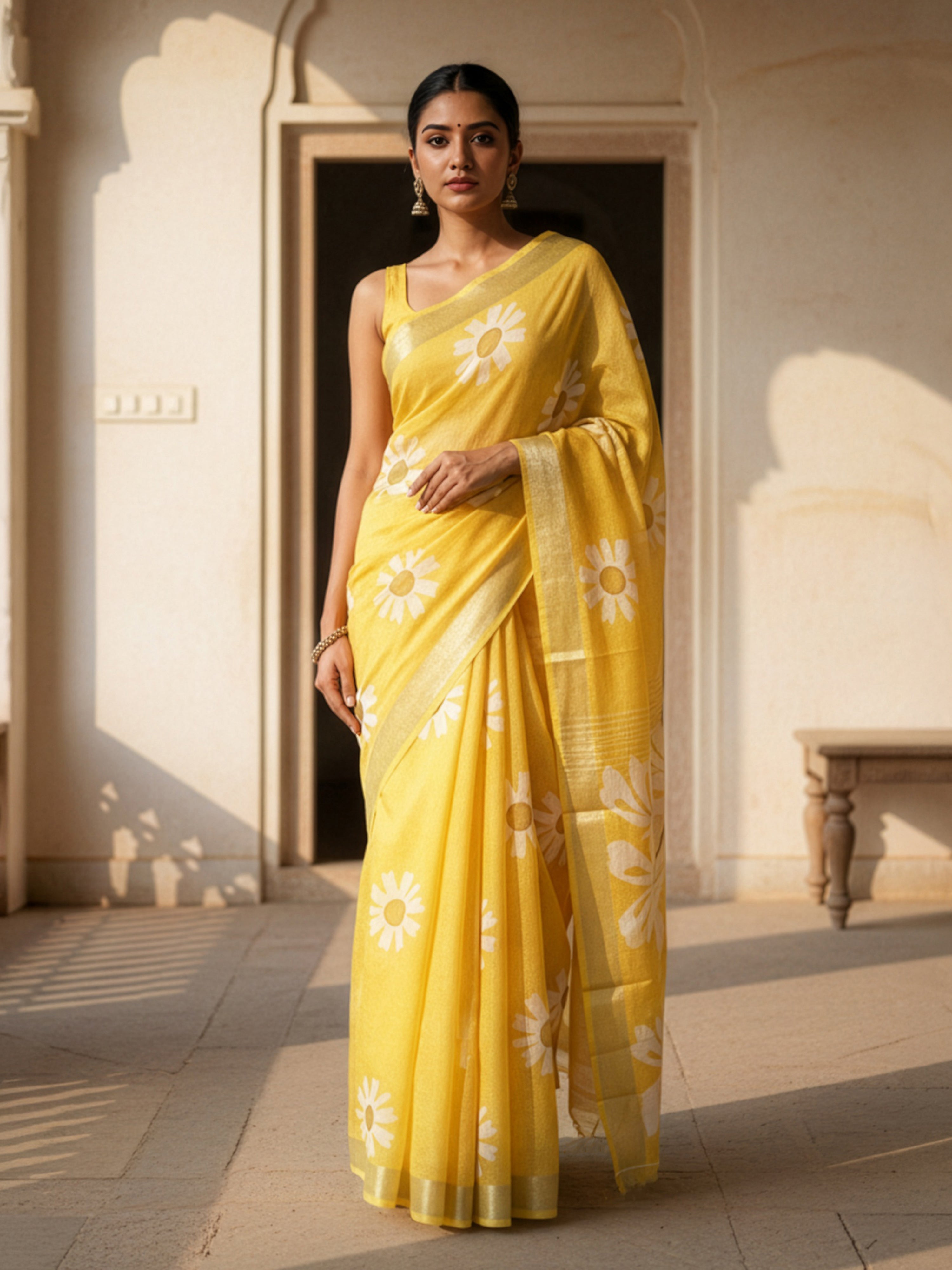 Yellow Semi Linen Saree