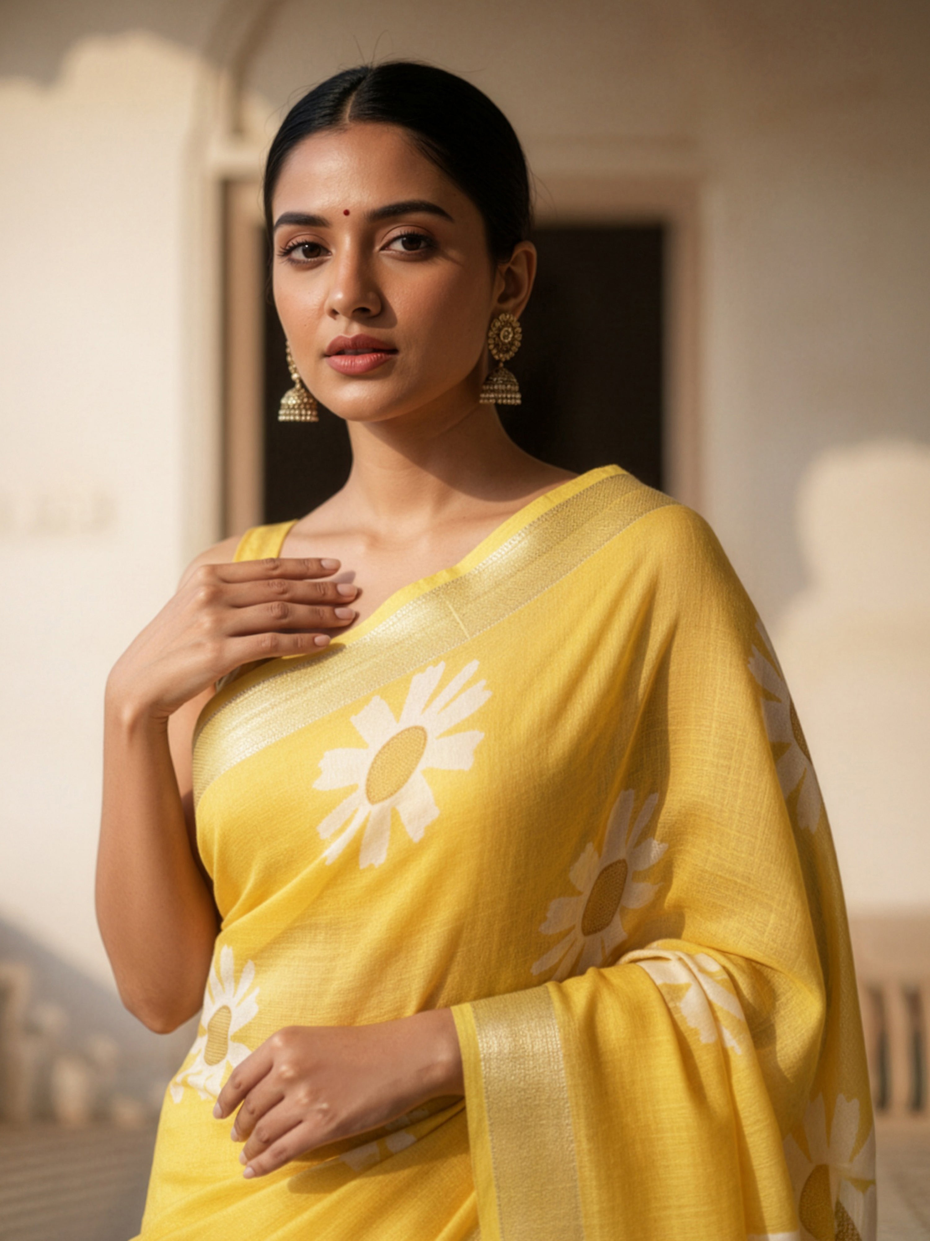 Yellow Semi Linen Saree