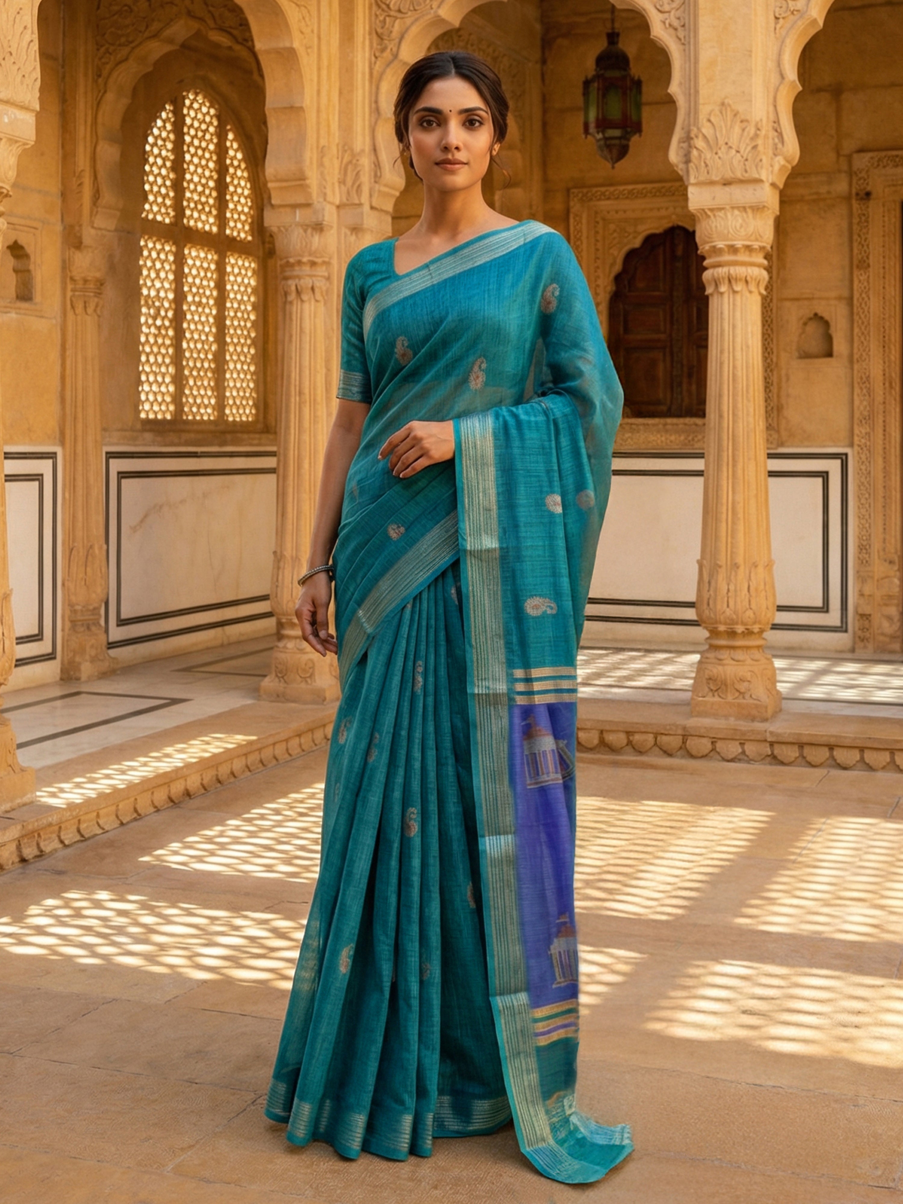 Semi Linen Saree in Teal Blue with Paisley Butta Design & Contrast Printed Pallu