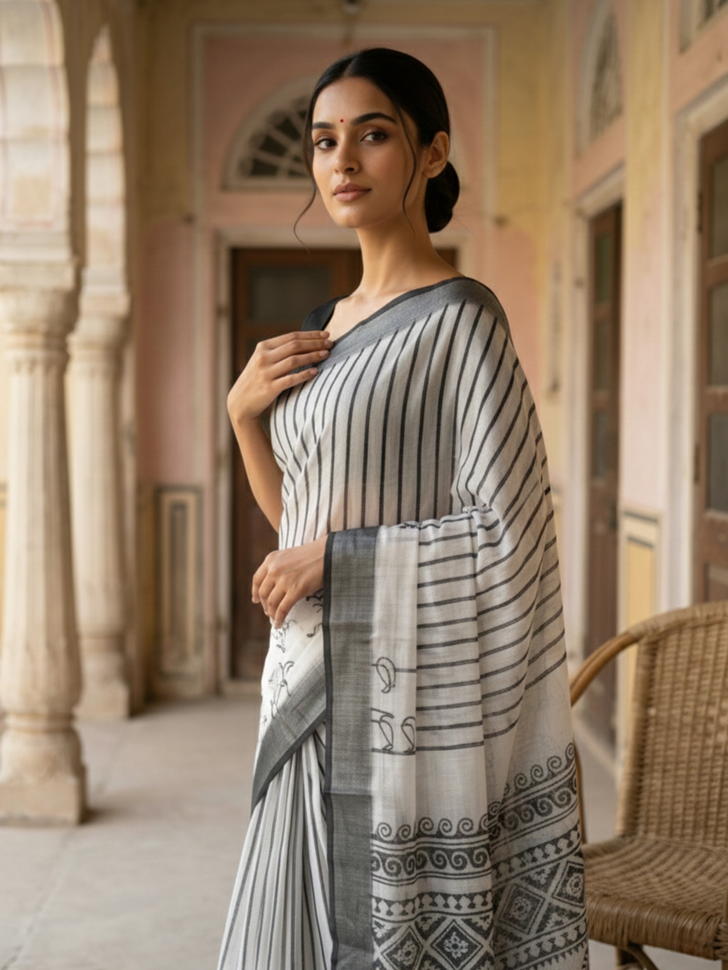 White & Grey Printed Semi Linen Saree