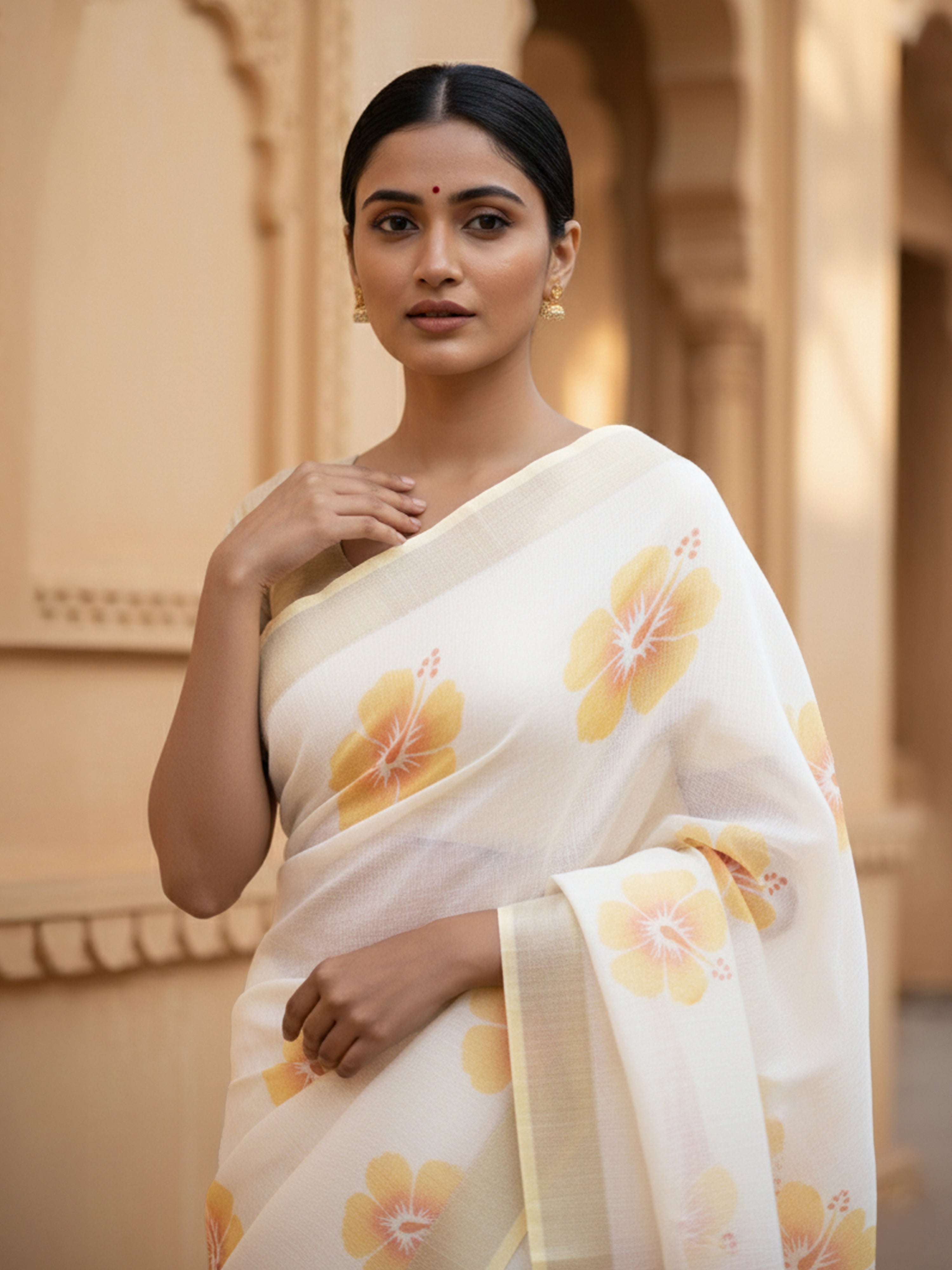 Sand Cream Printed Semi Linen Saree