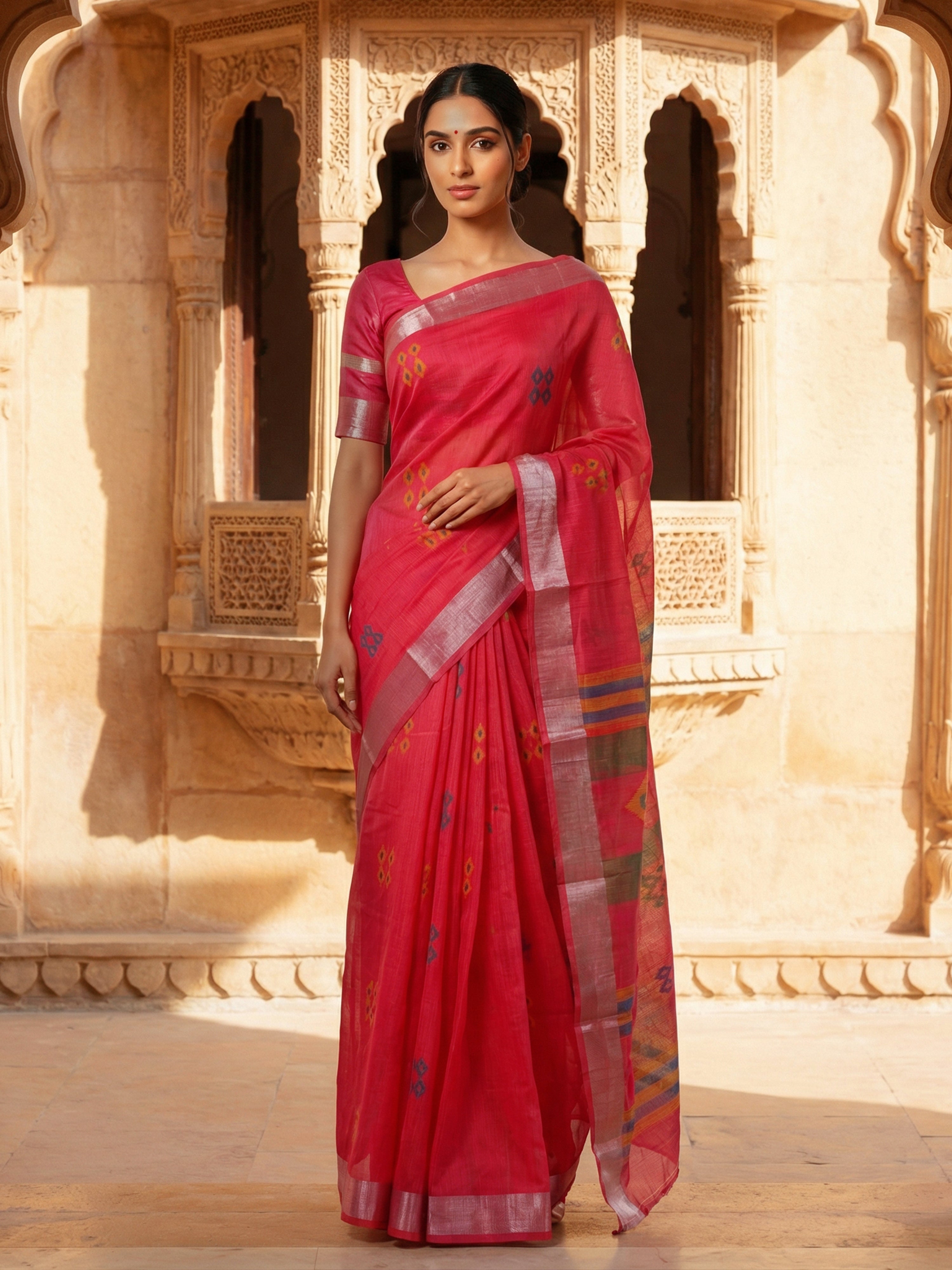 Pink Semi Linen Saree With Printed Butta Design