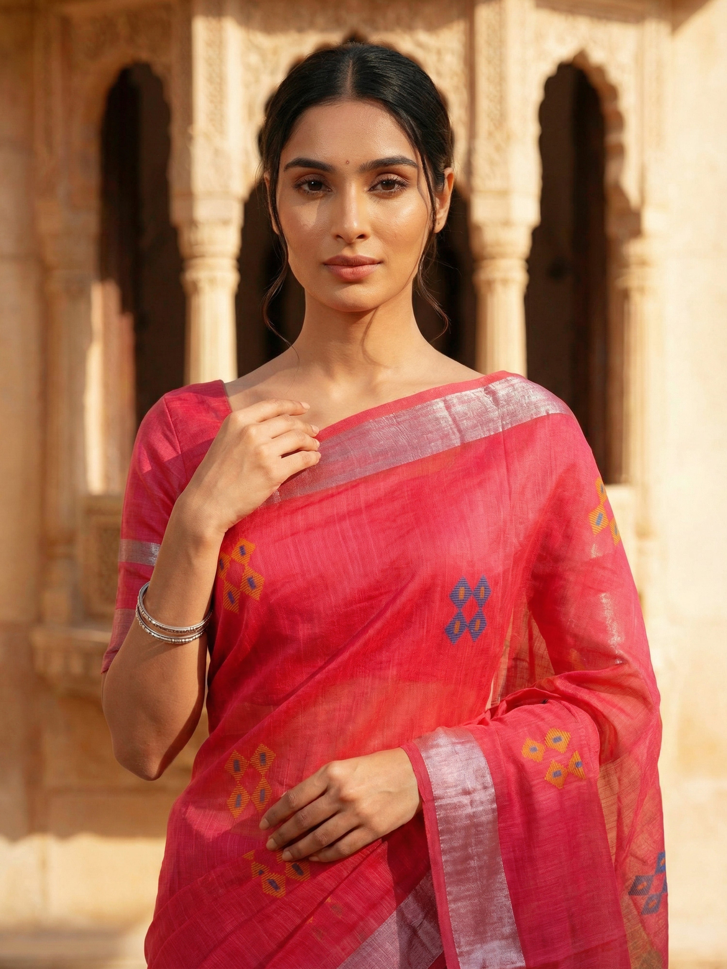 Pink Semi Linen Saree With Printed Butta Design