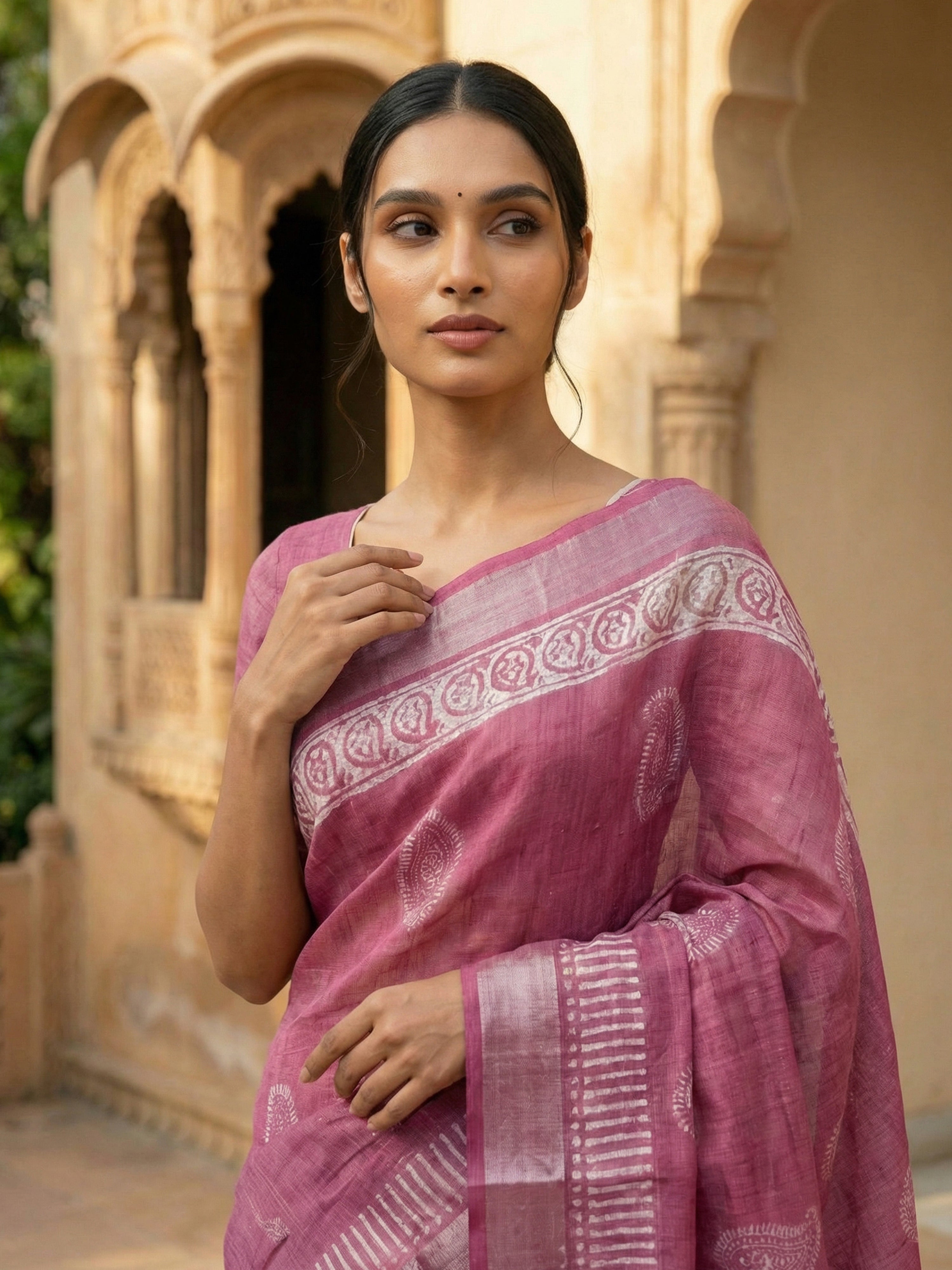 Rose Pink Semi Linen Saree with Paisley Motifs and Striped Border