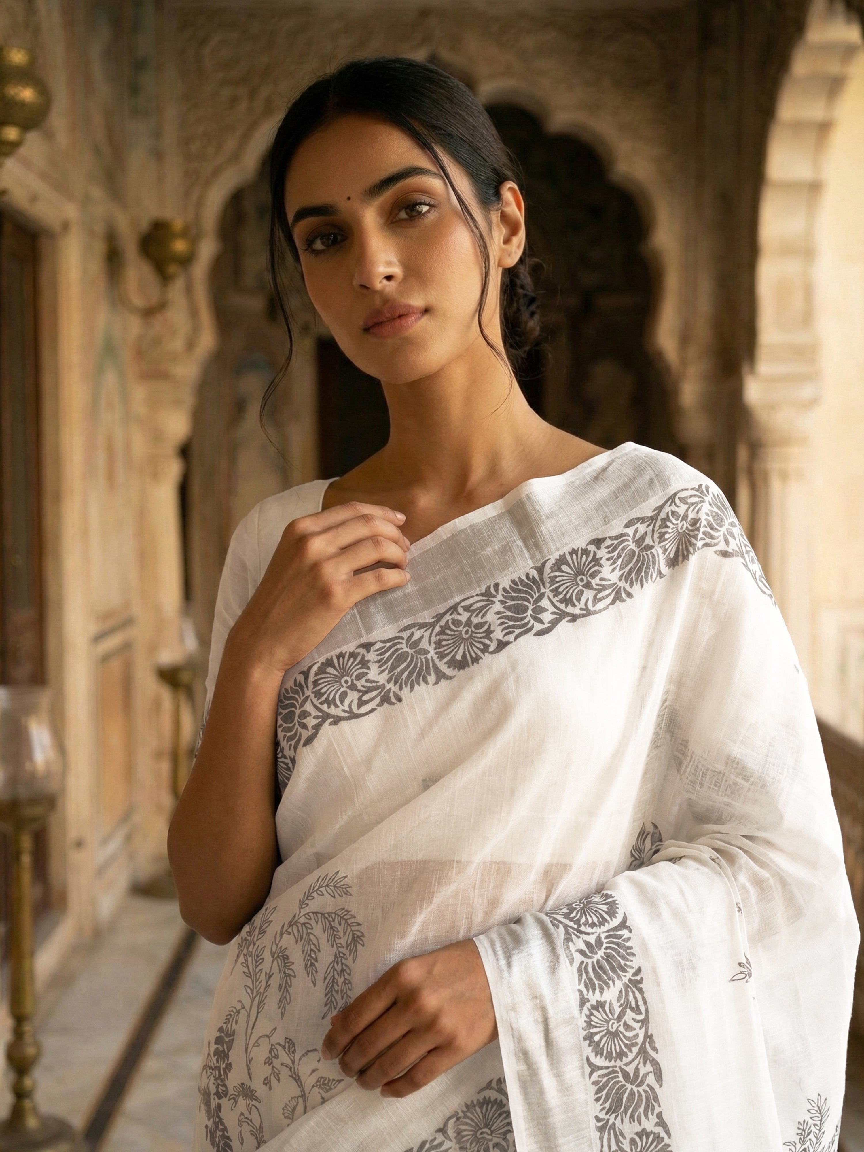 Off White Printed Semi Linen Saree