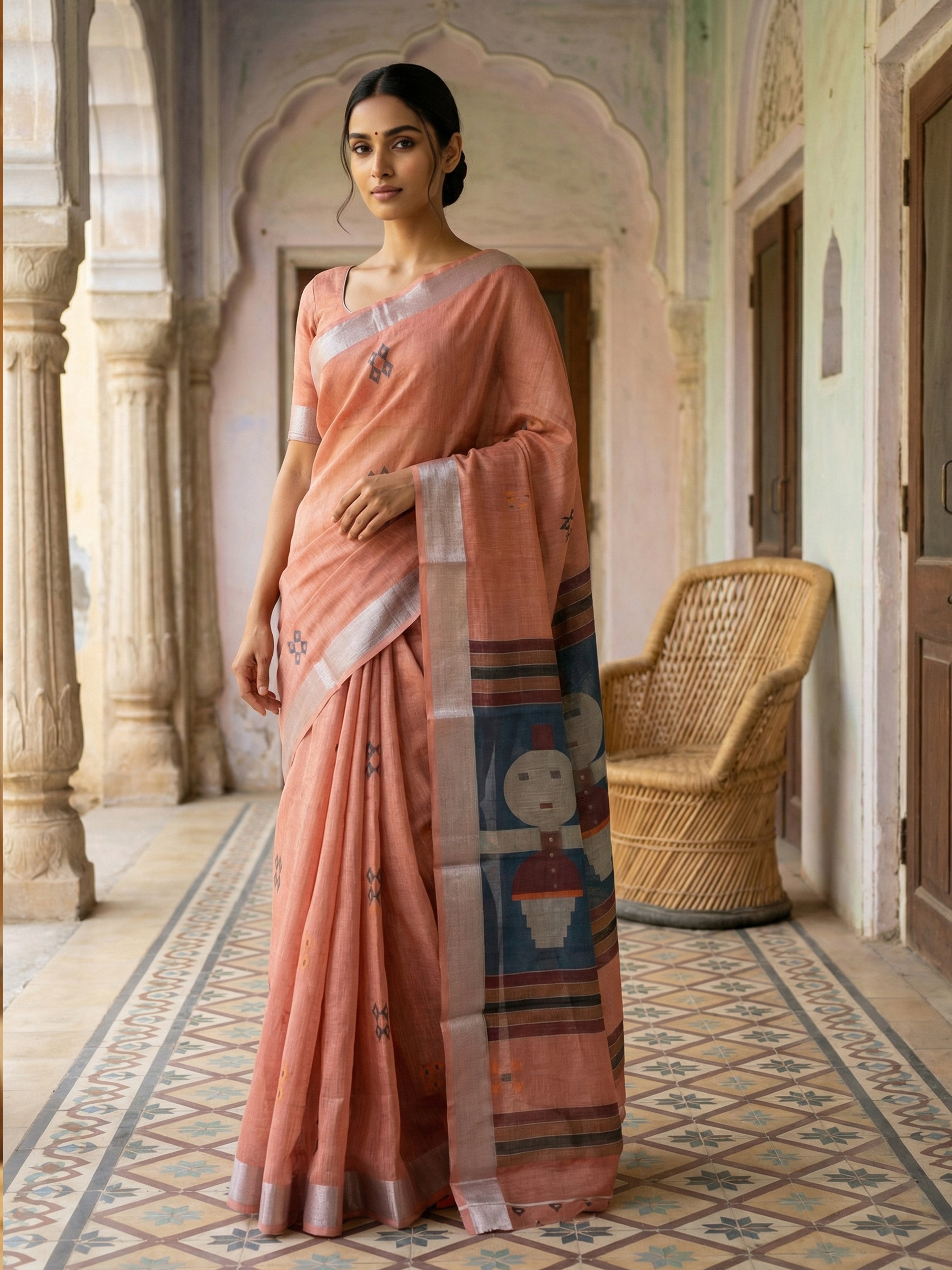 Melon Peach Semi Linen Saree