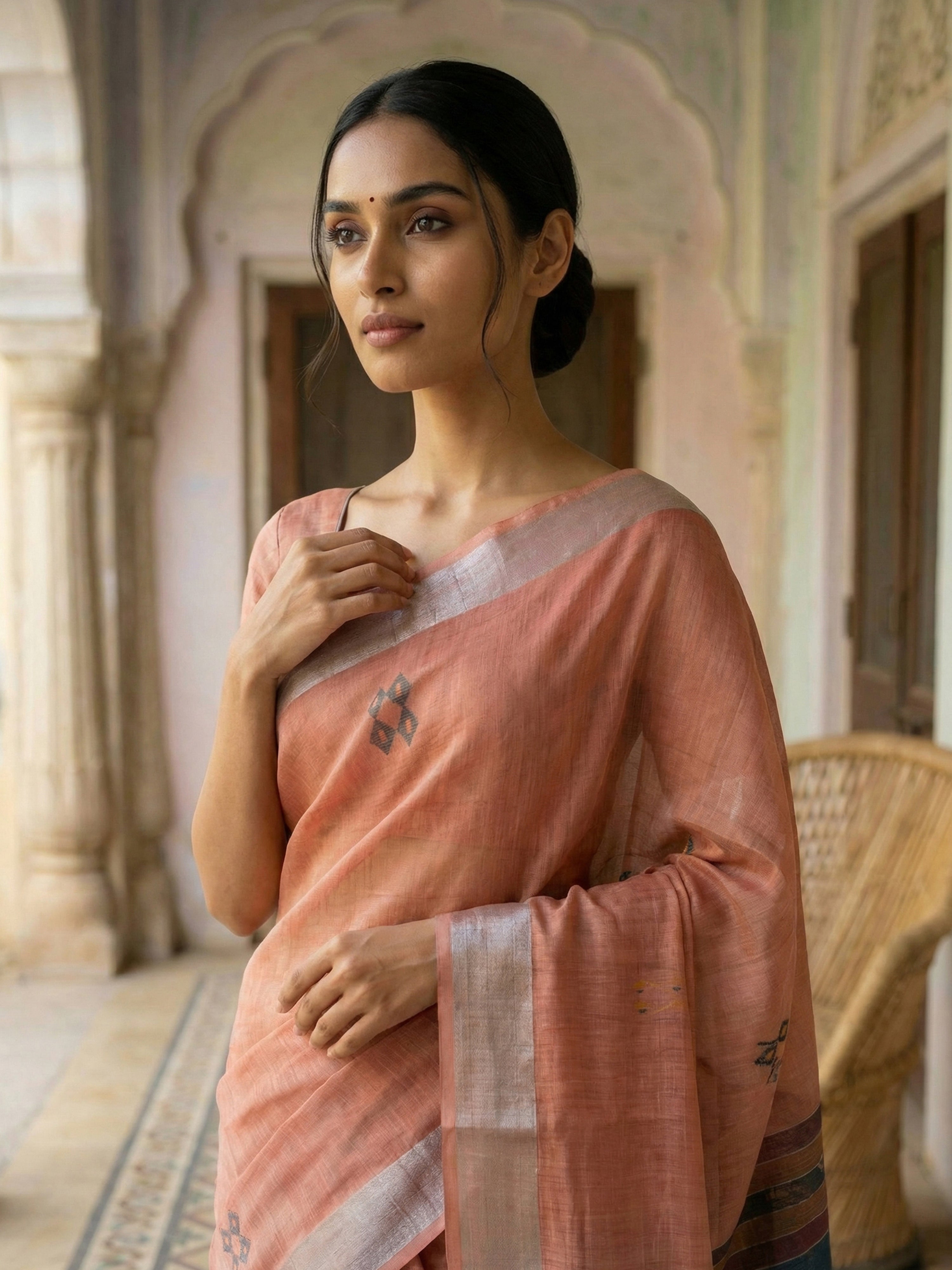 Melon Peach Semi Linen Saree