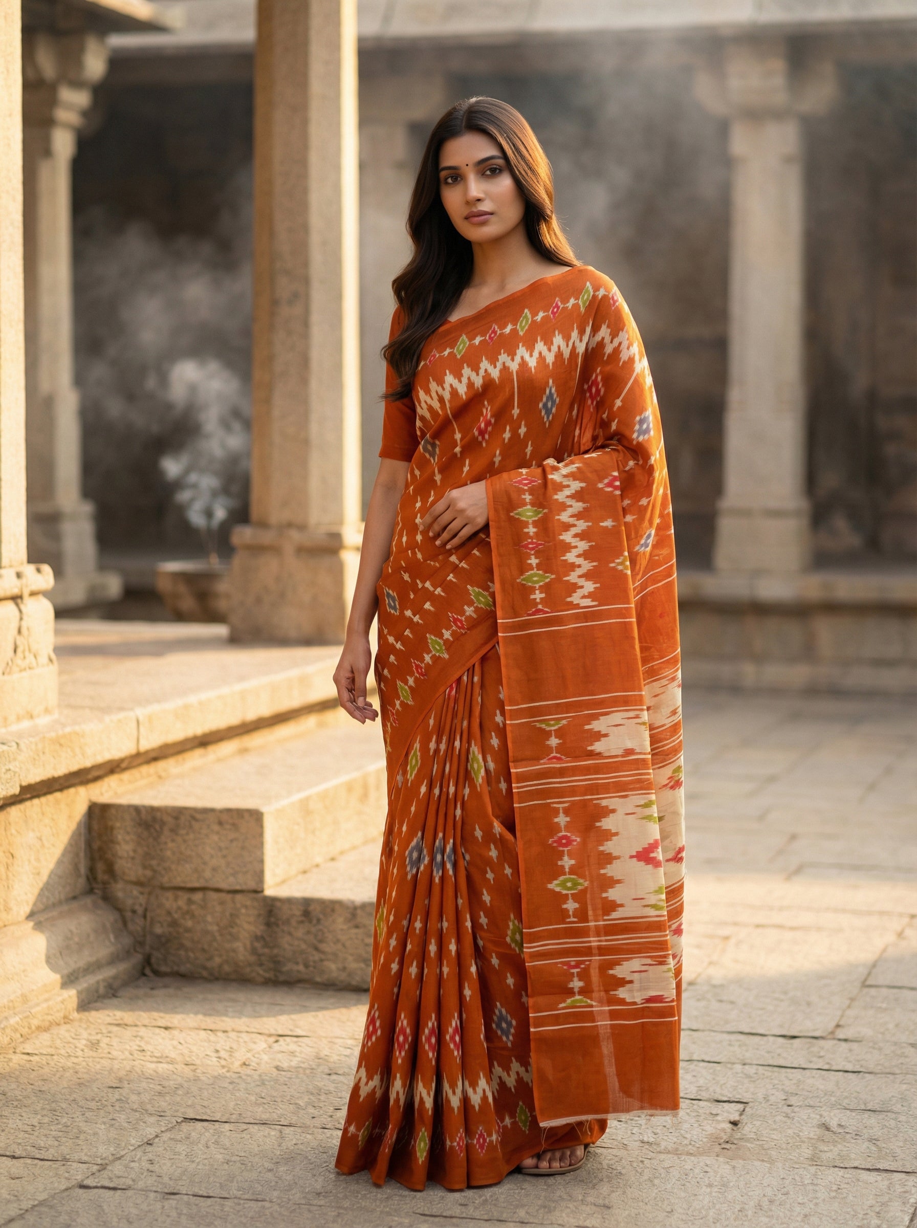 Elegant Rust Orange Soft Cotton Saree with Traditional Ikat-Inspired Motifs