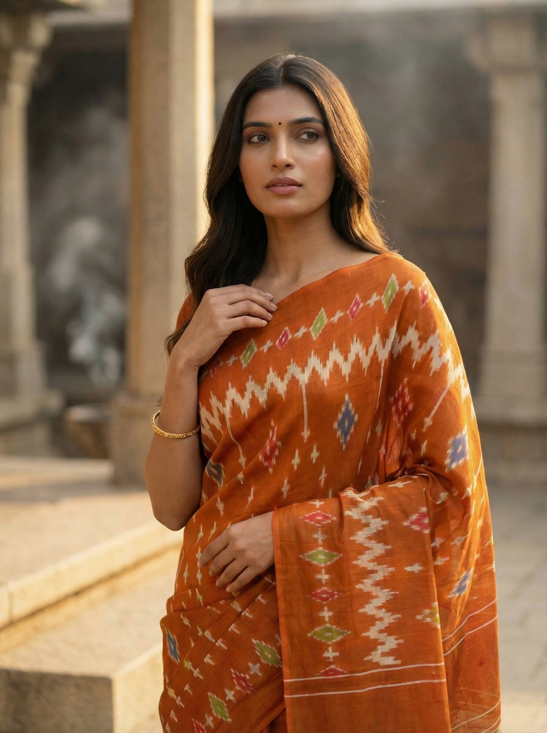 Elegant Rust Orange Soft Cotton Saree with Traditional Ikat-Inspired Motifs