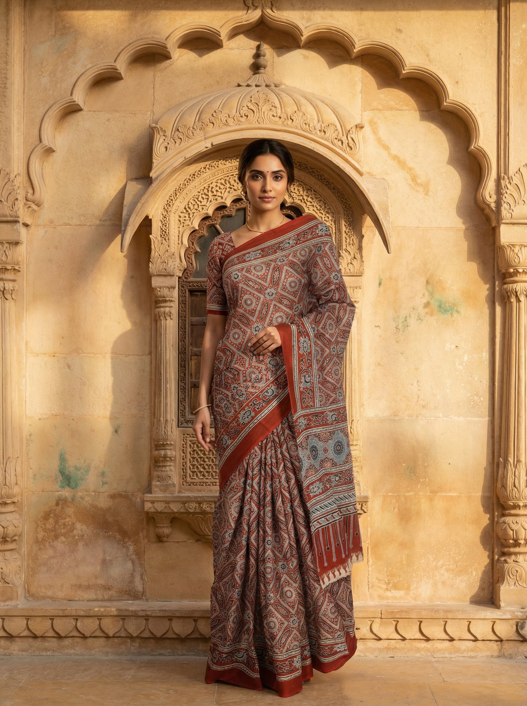 Rust Orange Soft Cotton Saree with All-Over Ajrakh-Inspired Geometric Print & Contrast Border