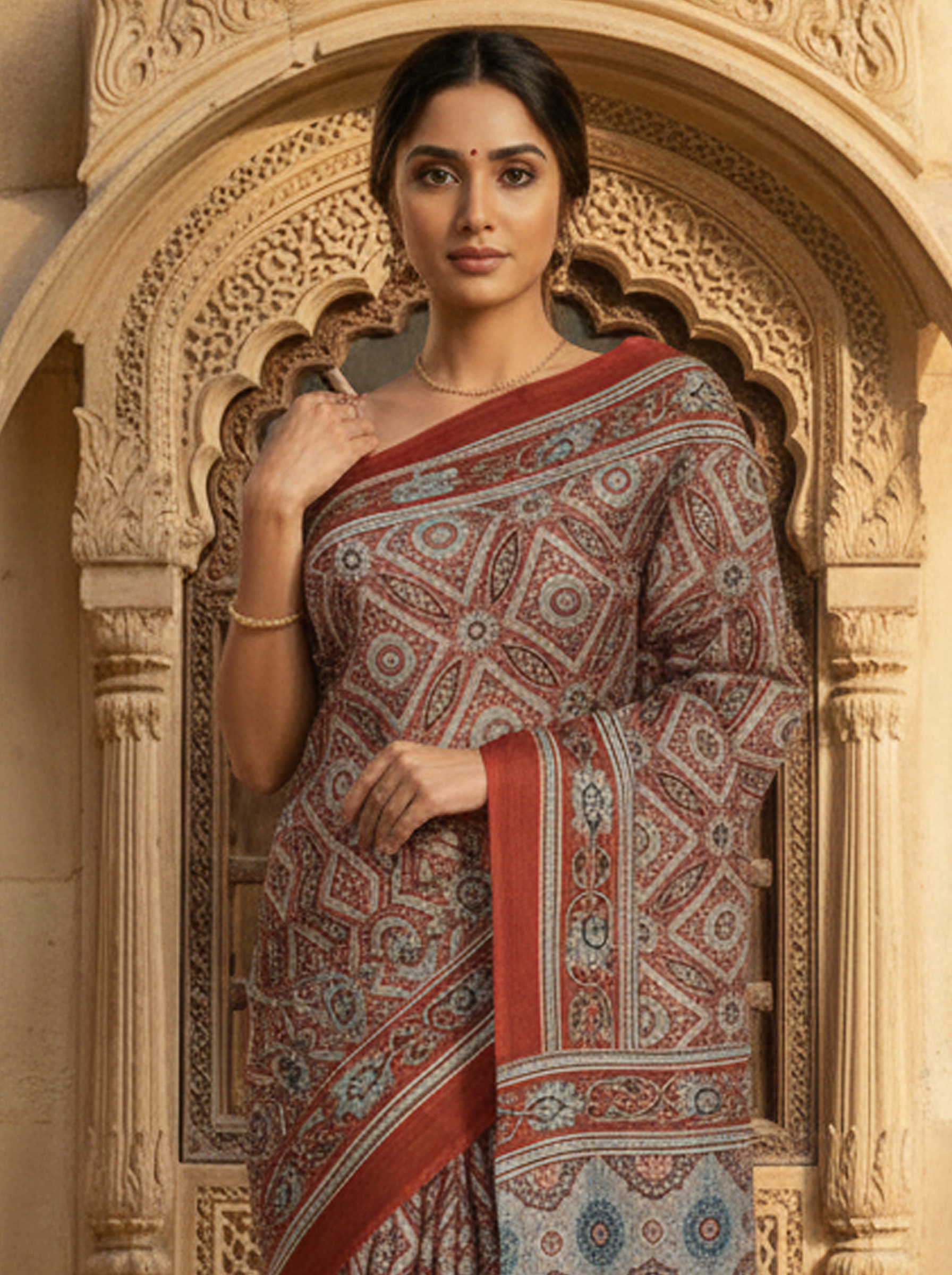 Rust Orange Soft Cotton Saree with All-Over Ajrakh-Inspired Geometric Print & Contrast Border