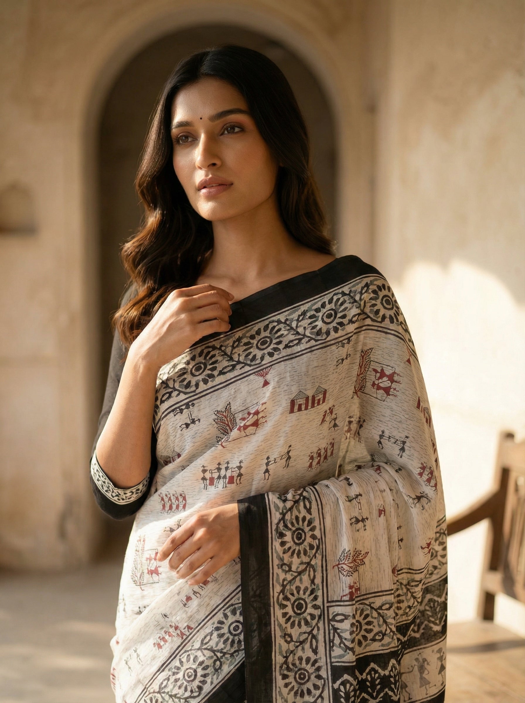 Ivory White Soft Cotton Saree with Black Tribal Warli Print Border