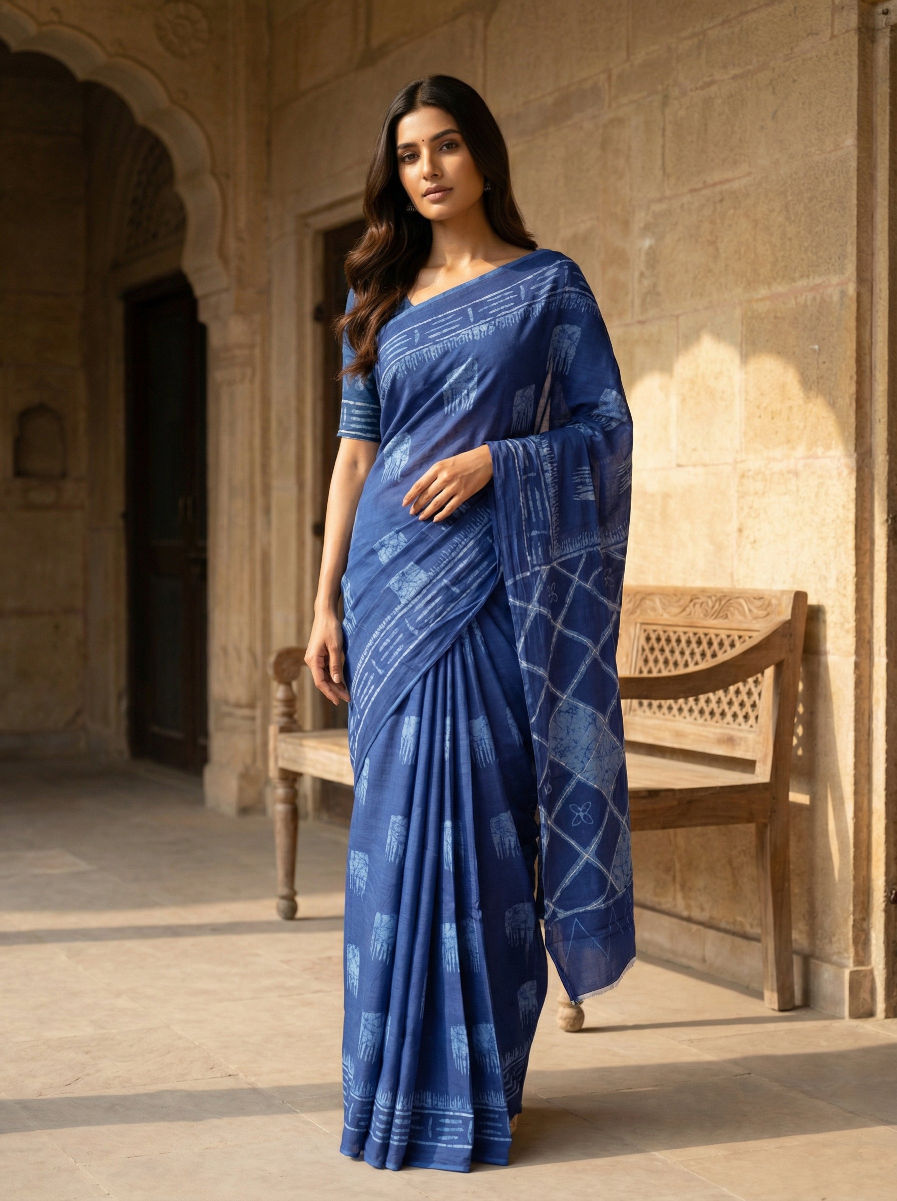 Indigo Blue Hand Block Printed Cotton Saree with Geometric Pallu