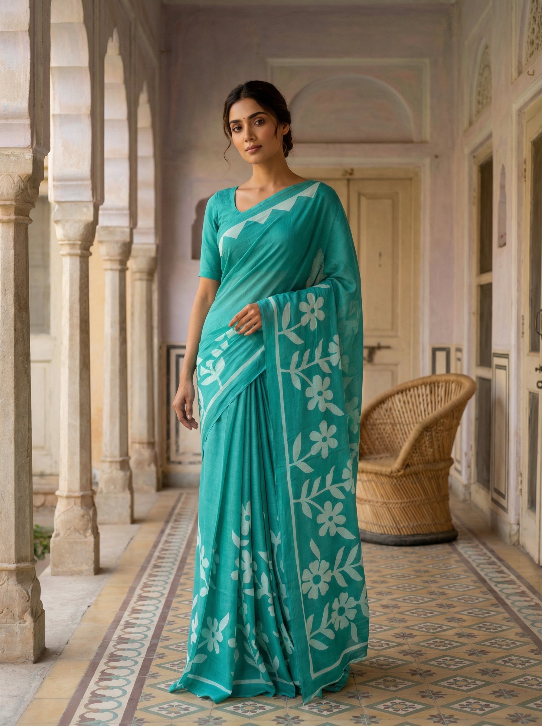 Teal Blue Soft Cotton Saree with White Floral Print & Contrast Border
