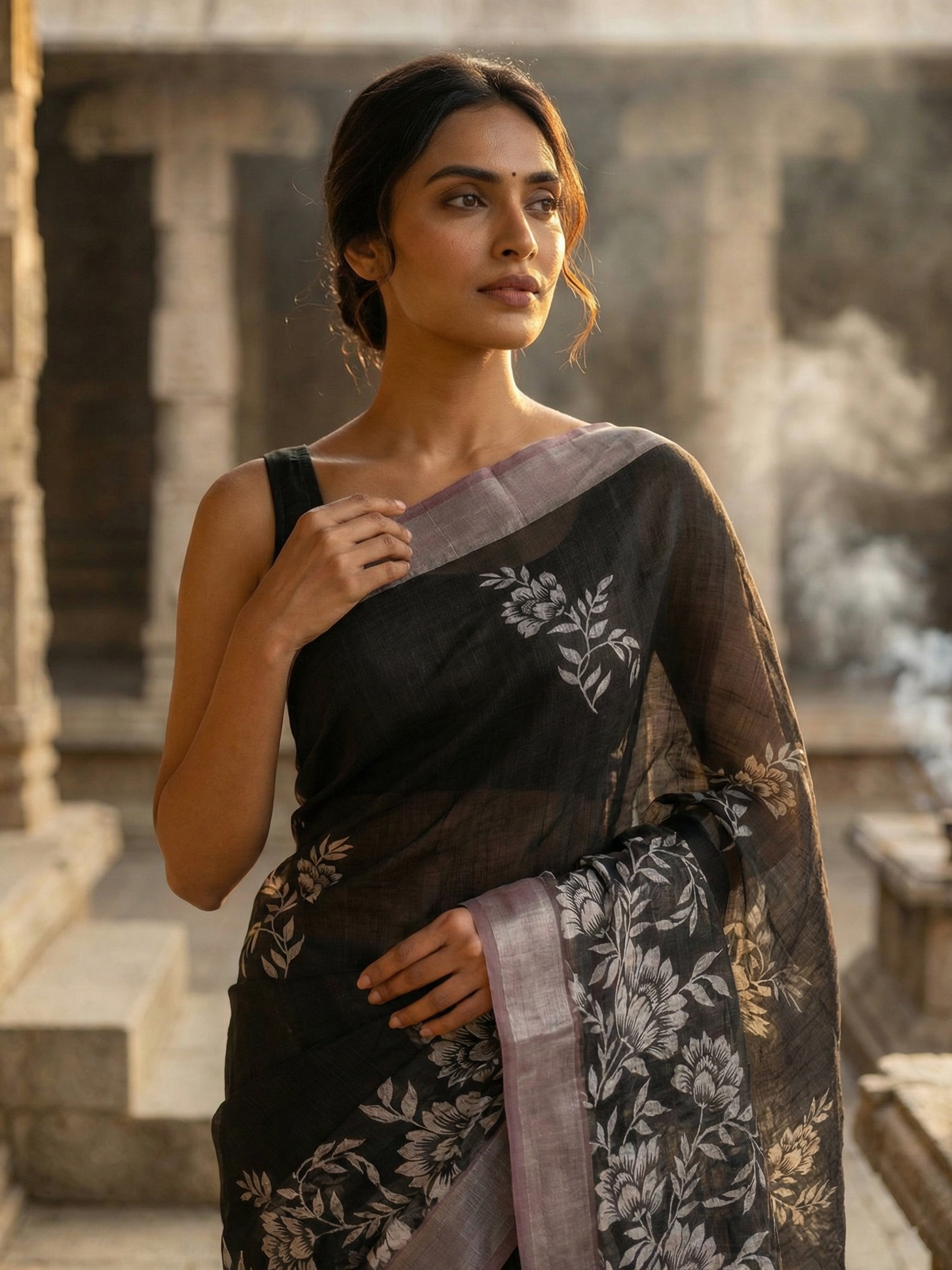 Black Semi Linen Saree