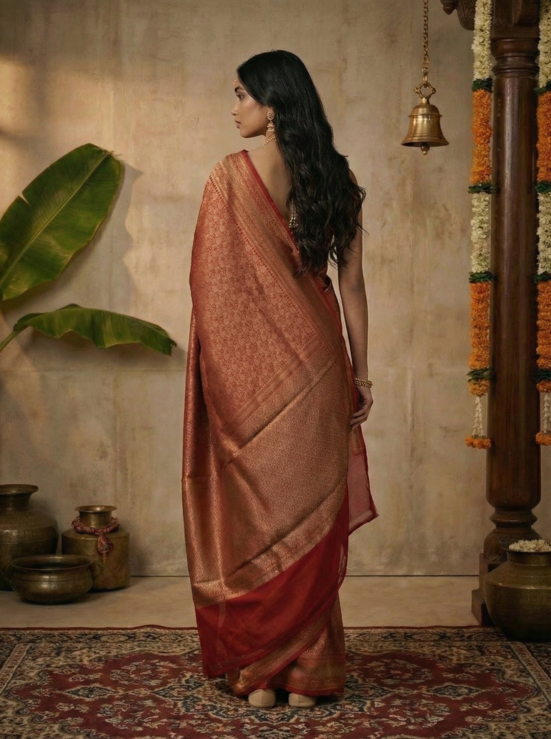 Georgette Banarasi  Rust Copper Intricate Weave Saree