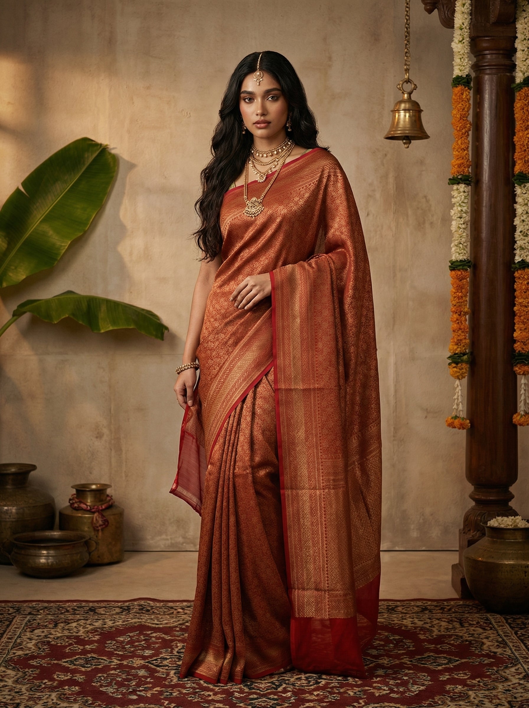 Georgette Banarasi  Rust Copper Intricate Weave Saree