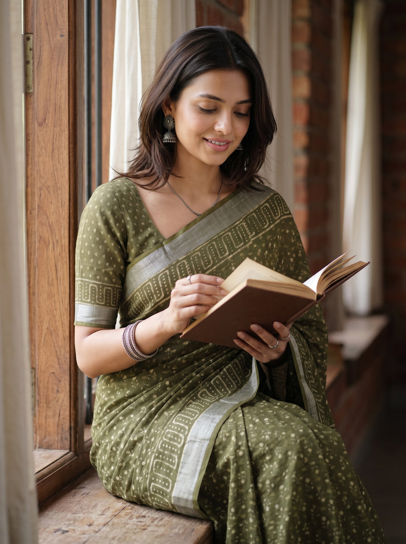 A woman wearing an olive green printed saree sits on a windowsill reading a book.