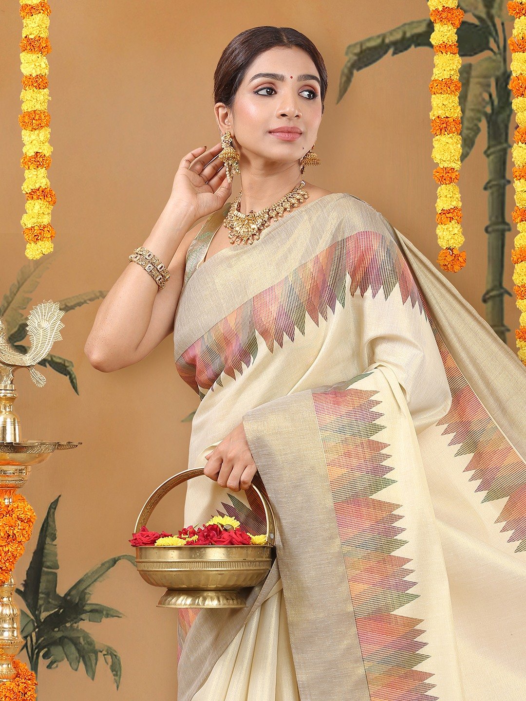 Kalyan Silks Golden Tissue Set Saree with Multi Color Temple-Inspired Motifs Print and Coffee Brown Border