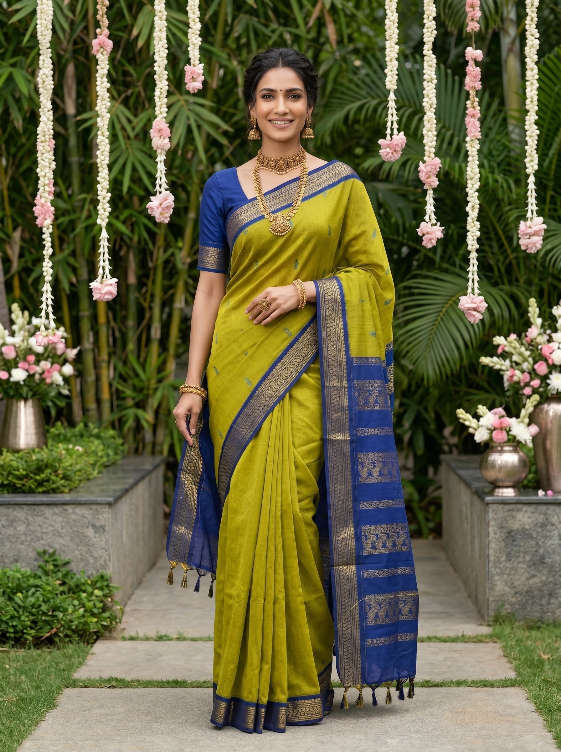 Kalyani Cotton Lime Green Butta Pattern Saree with Royal Blue Woven Border