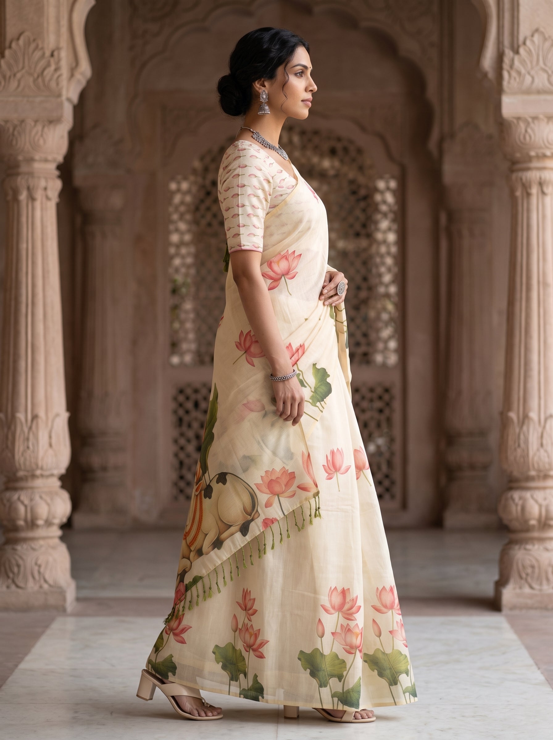 A woman in profile wearing a cream-colored saree with pink lotus floral prints and green leaves, standing in an ornate stone courtyard with arches.