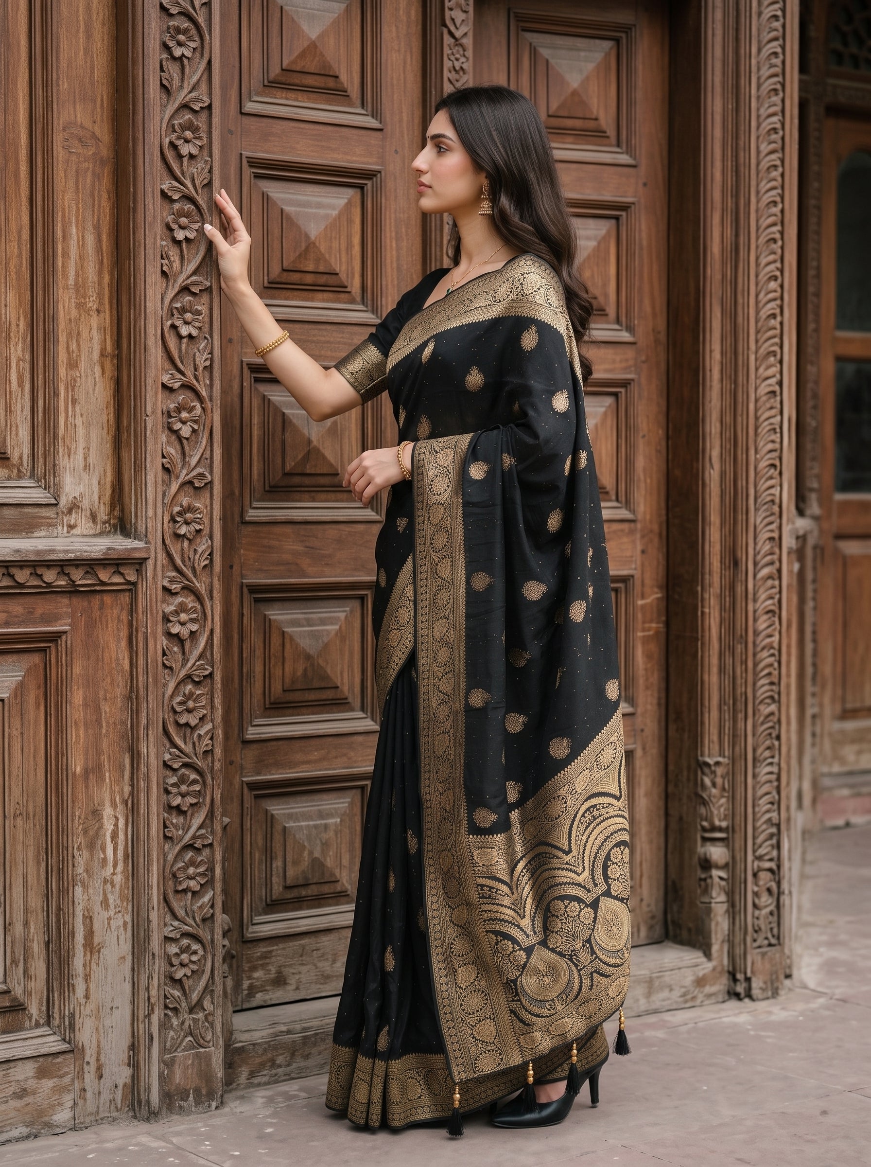 A woman wearing a black saree with gold motifs and a heavily embroidered gold border, standing in front of ornate carved wooden doors.
