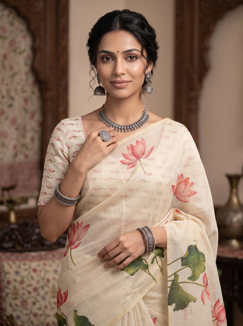 A woman wearing a cream-colored saree with pink lotus flowers and green leaves, styled with silver jewelry in an indoor setting with traditional wooden arches.