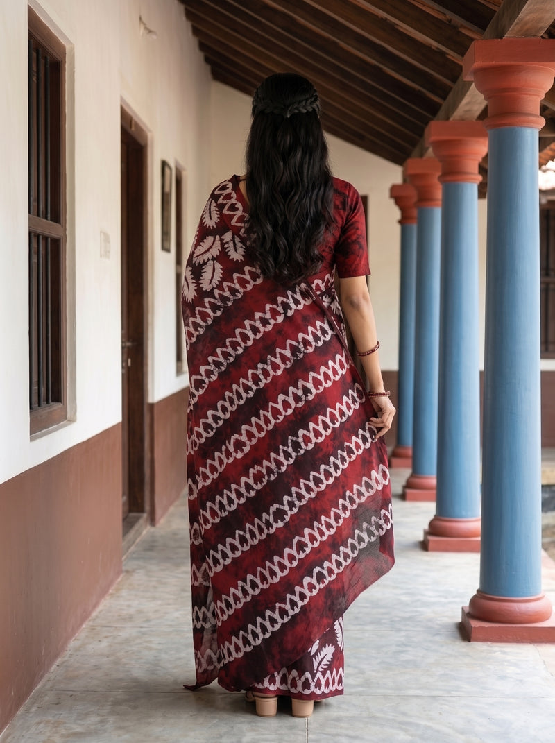 A woman viewed from behind wearing a red and white patterned sari while standing on a covered walkway with blue and terracotta columns.