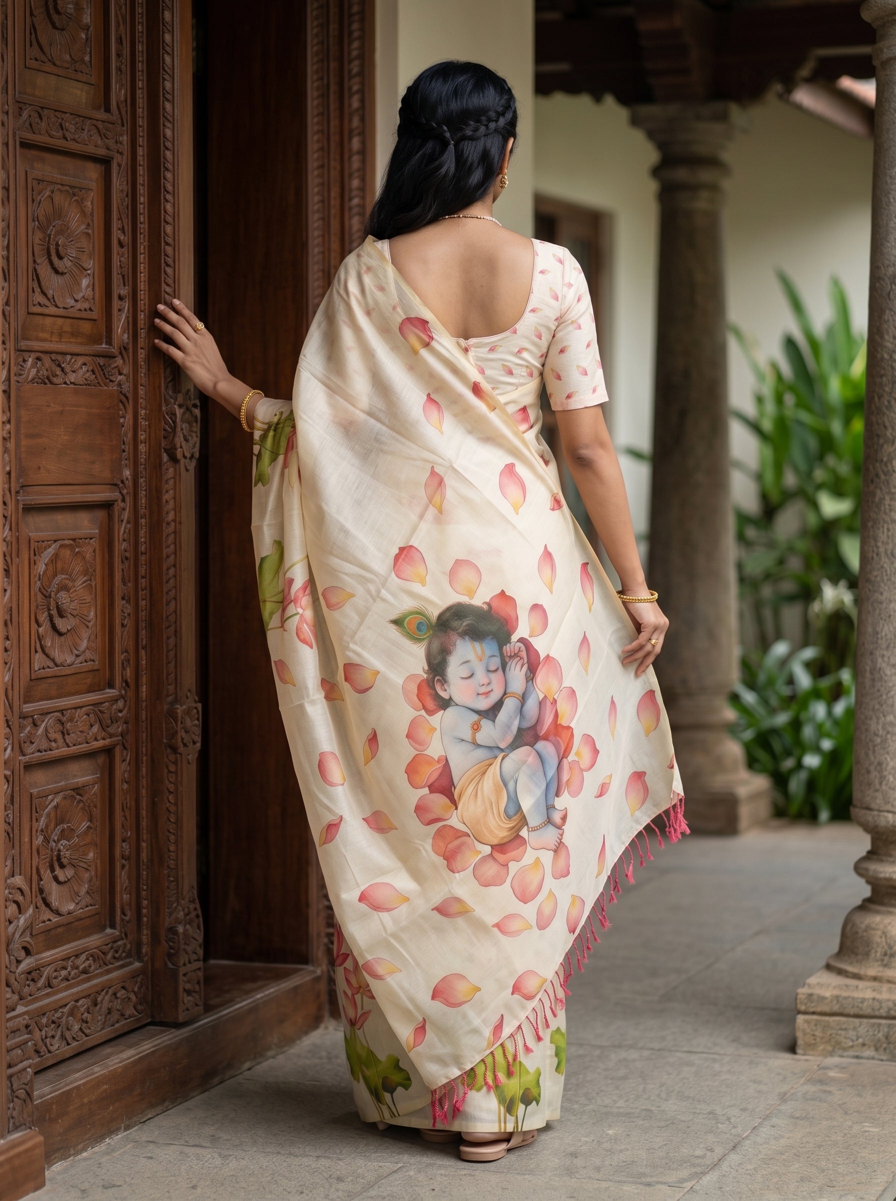 A woman viewed from behind wearing a cream-colored saree with a colorful illustration of a child and scattered pink lotus petals, standing in a traditional courtyard next to a carved wooden door.