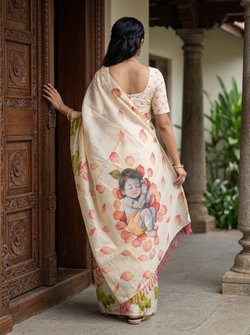 A woman viewed from behind wearing a cream-colored saree with a colorful illustration of a child and scattered pink lotus petals, standing in a traditional courtyard next to a carved wooden door.