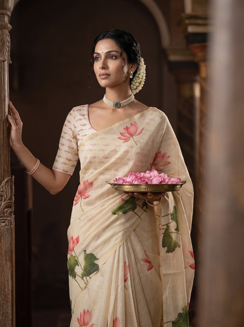 A woman wearing a beige saree with pink lotus floral prints and a matching printed blouse, holding a brass tray of pink flowers in a dark, elegant corridor.