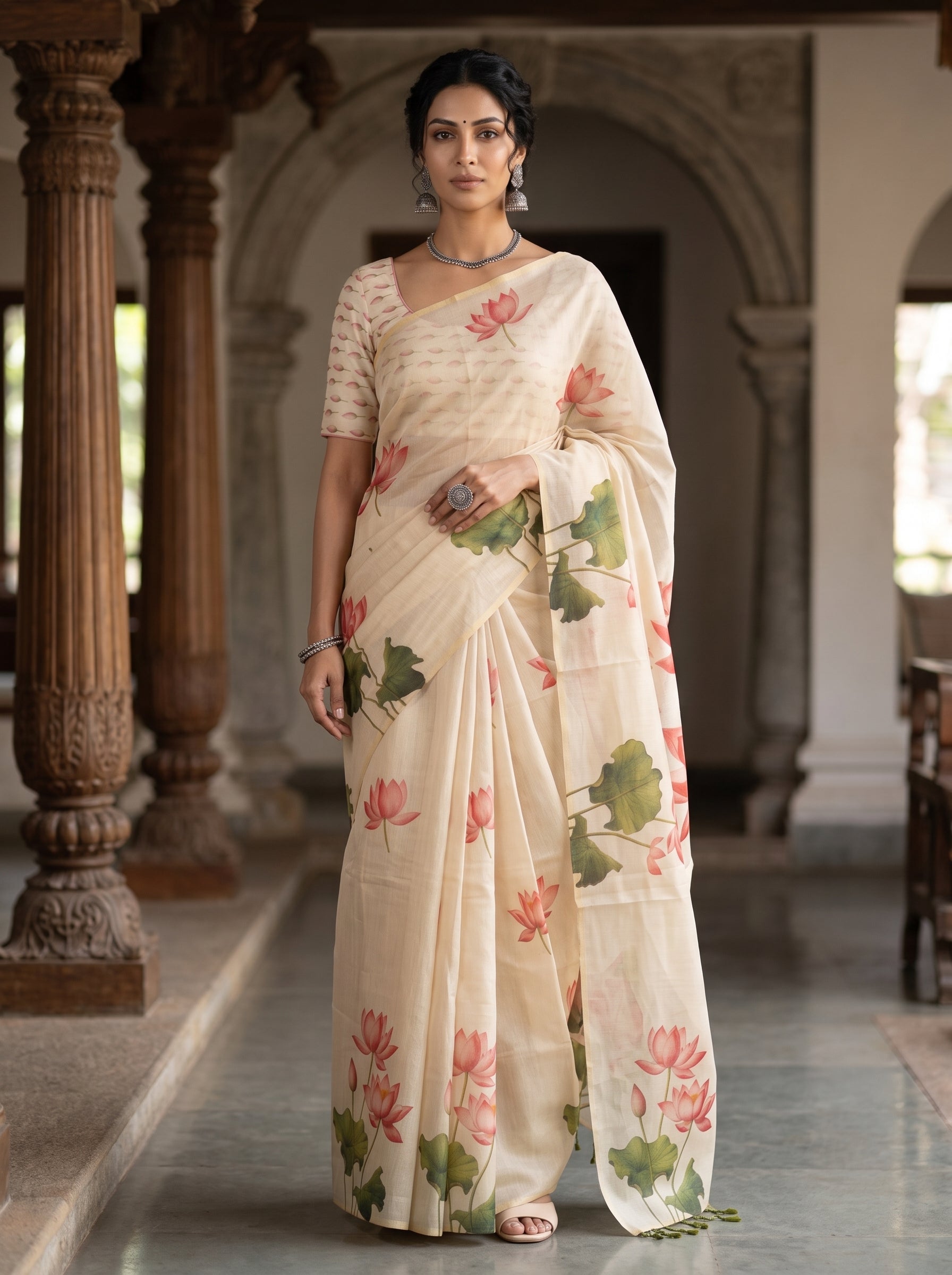 A woman modeling a cream-colored saree with a pink lotus floral print and green leaves, standing in a traditional stone corridor with pillars.