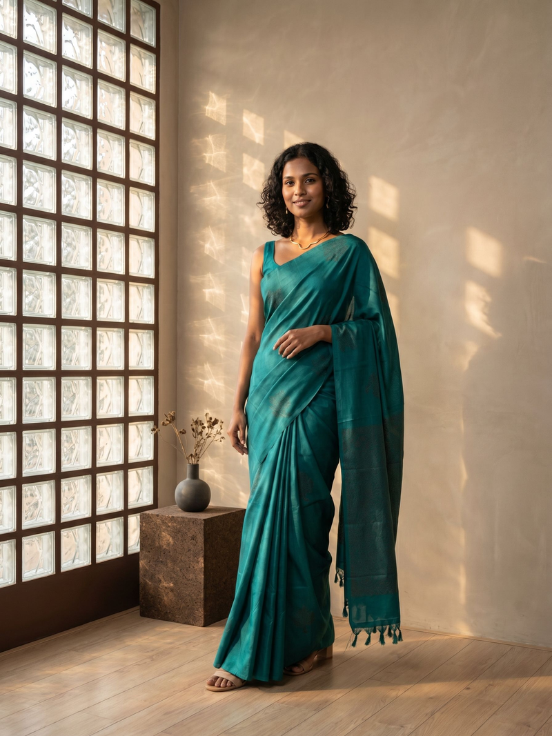 Woman in a teal saree standing in a room with a textured wall and window.