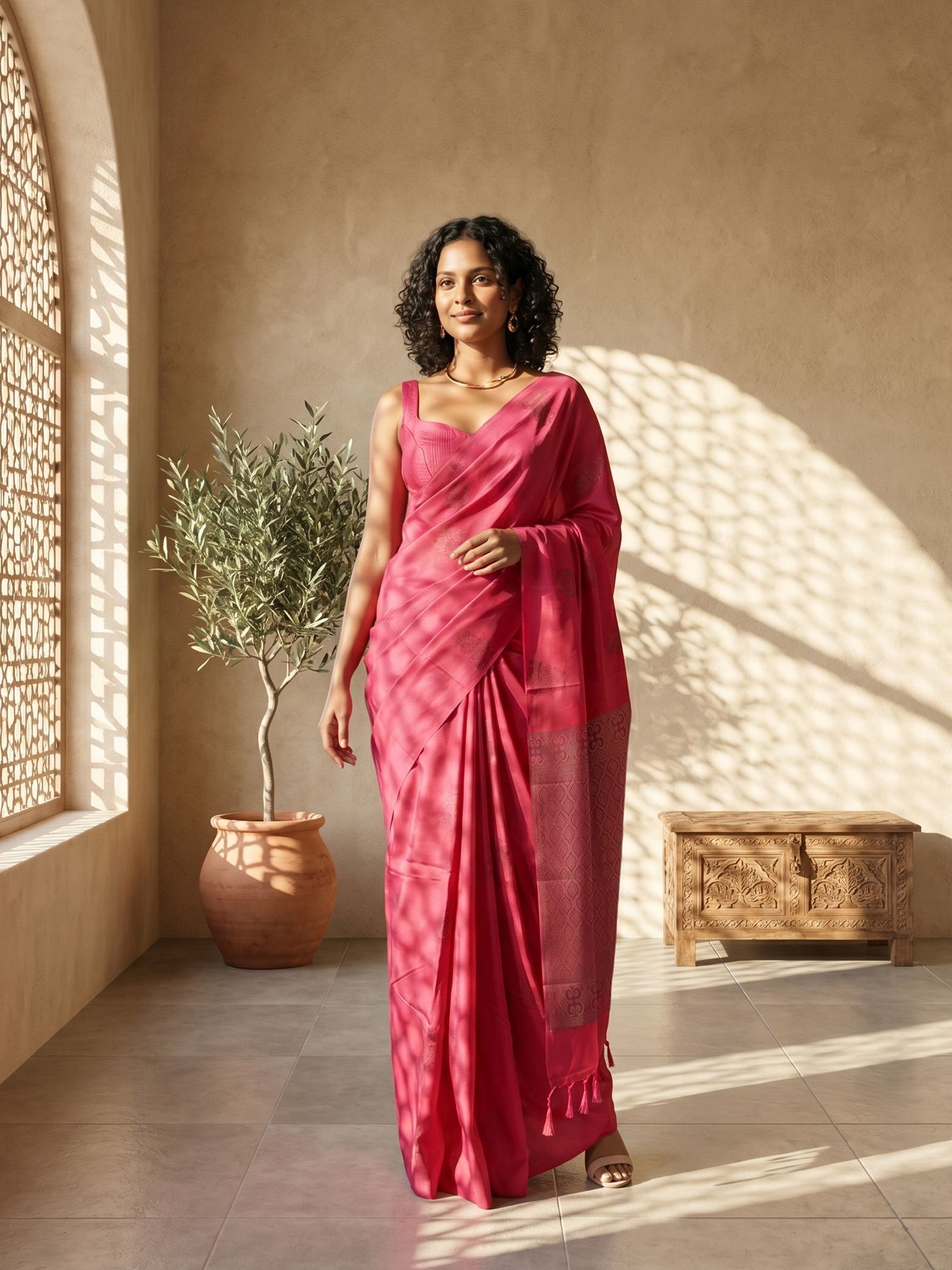 Woman in a pink saree standing in a sunlit room with a plant and wooden chest.