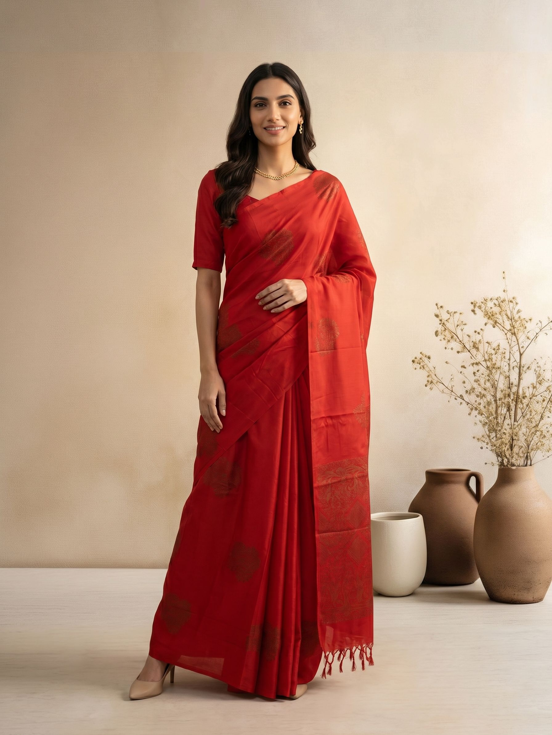 Woman wearing a red saree with a minimal background