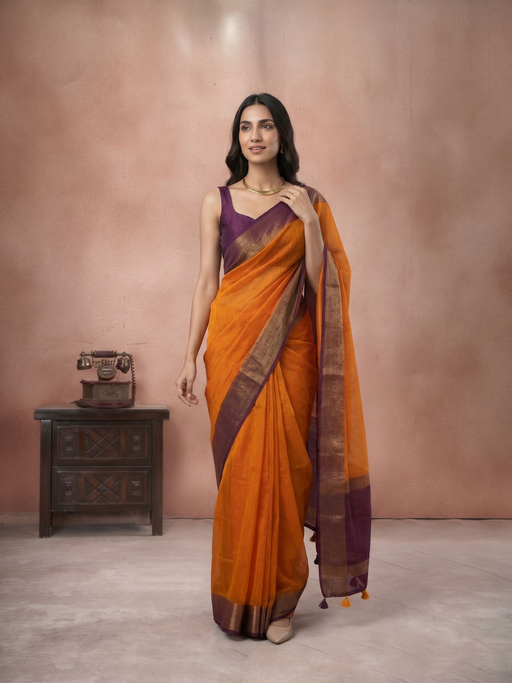 Woman wearing an orange and purple saree with a vintage typewriter in the background.