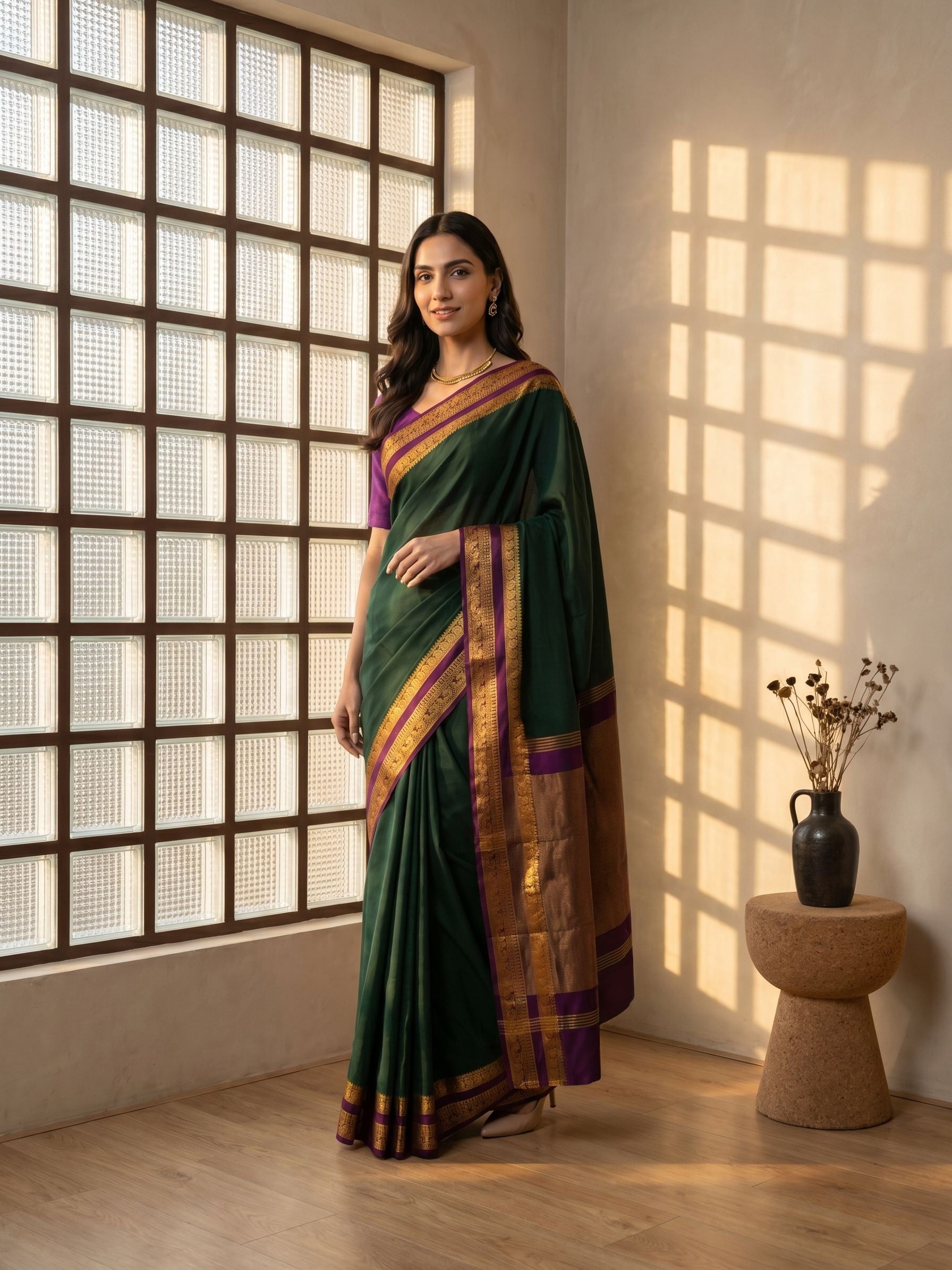 Woman in a green saree with gold border standing in a room with sunlight filtering through a window.