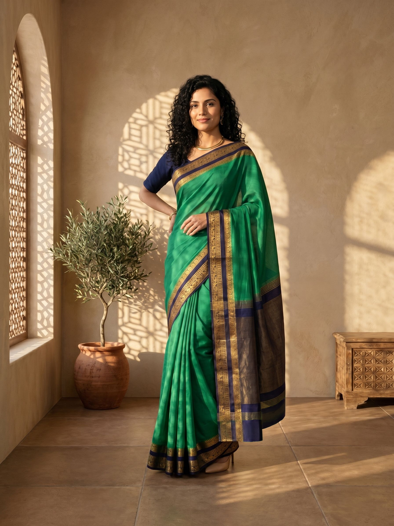 Woman in a green saree with gold border standing in a sunlit room.