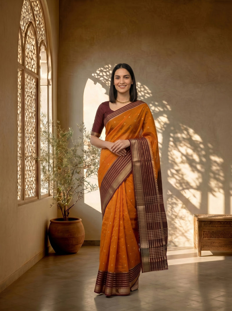 Woman in an orange saree standing in a sunlit room with a plant and window.