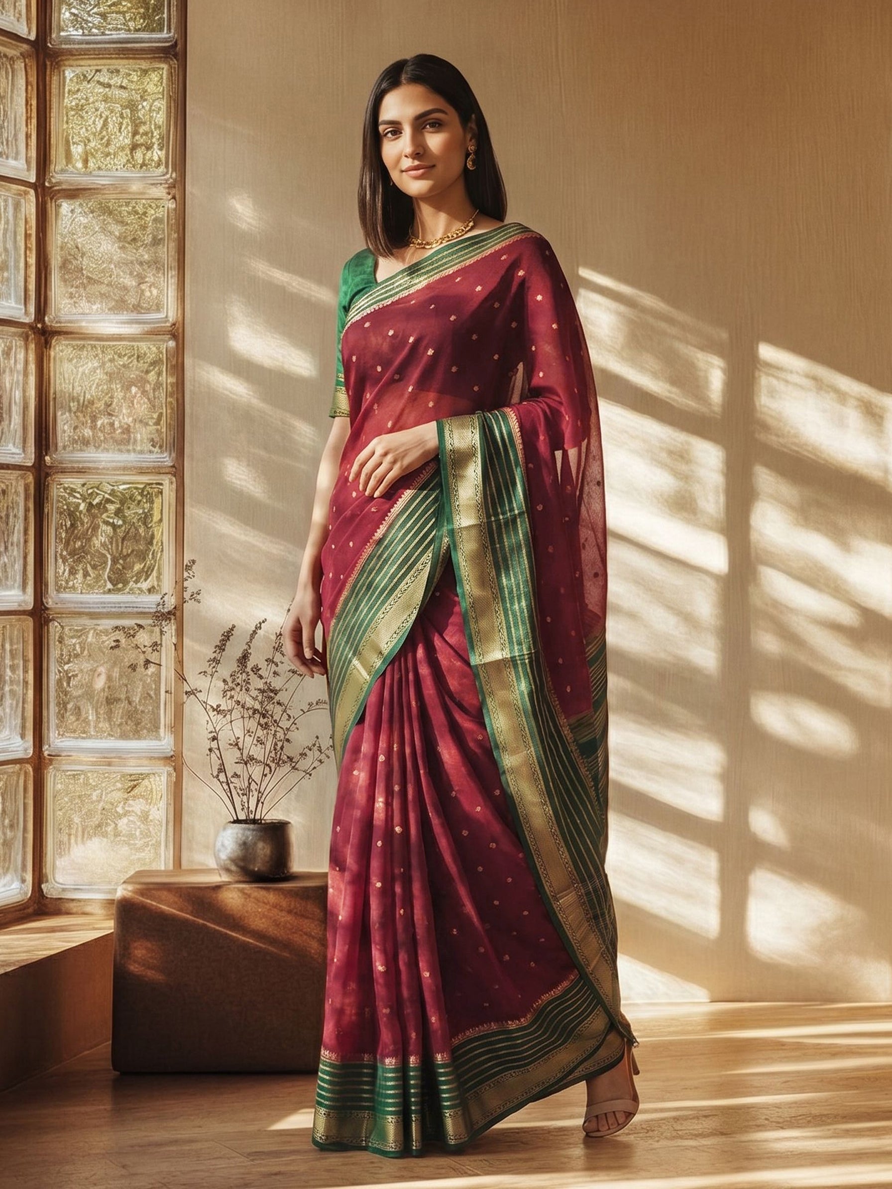 Woman in a maroon saree with green border standing in a room with sunlight filtering through glass windows.