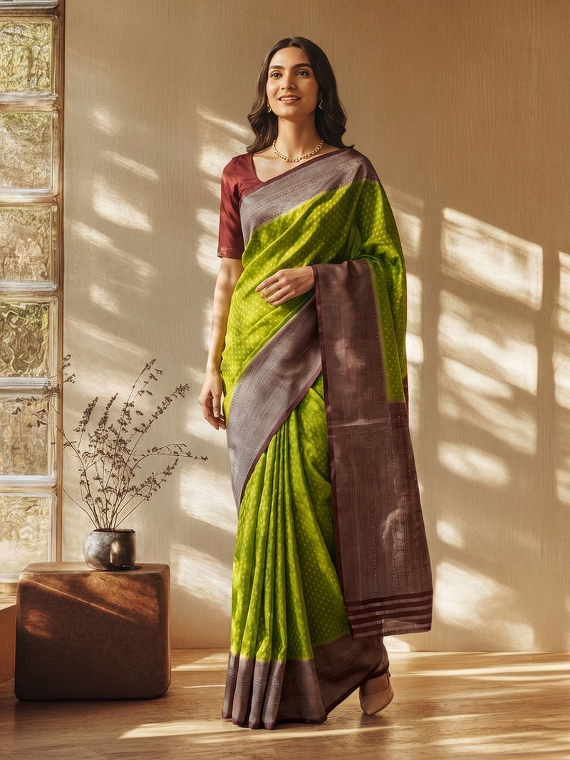 Woman wearing a green and gray saree standing in a room with sunlight filtering through a window.