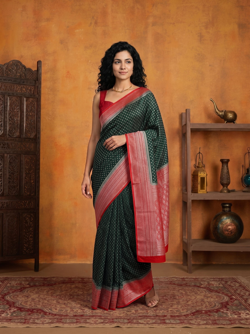 Woman wearing a green and red saree standing against an orange wall with decorative items.